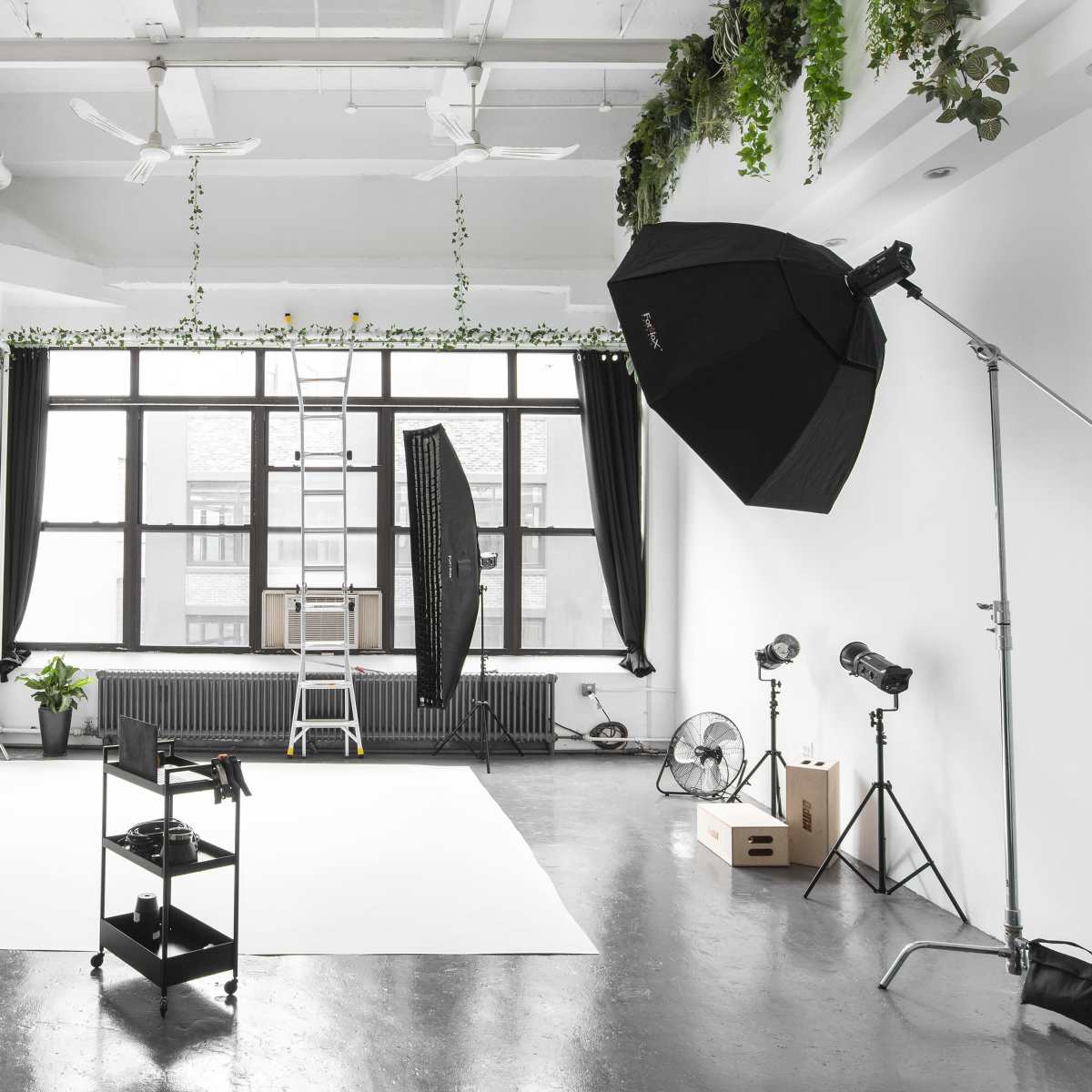 A photography studio with a white backdrop, lighting equipment, a ladder, and various props arranged in the space.