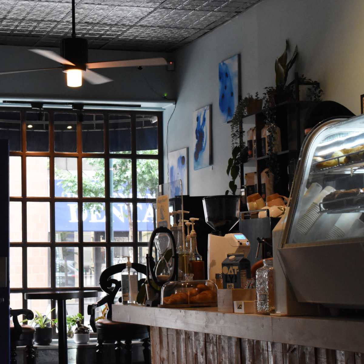 A coffee shop interior with a glass door labeled "OPEN," a counter displaying pastries, and large windows that let in natural light.