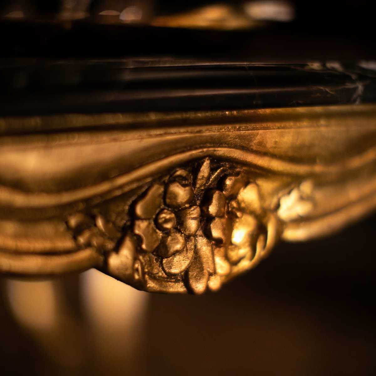 A close-up of an ornate, gold-colored decorative element with floral motifs on a dark background.