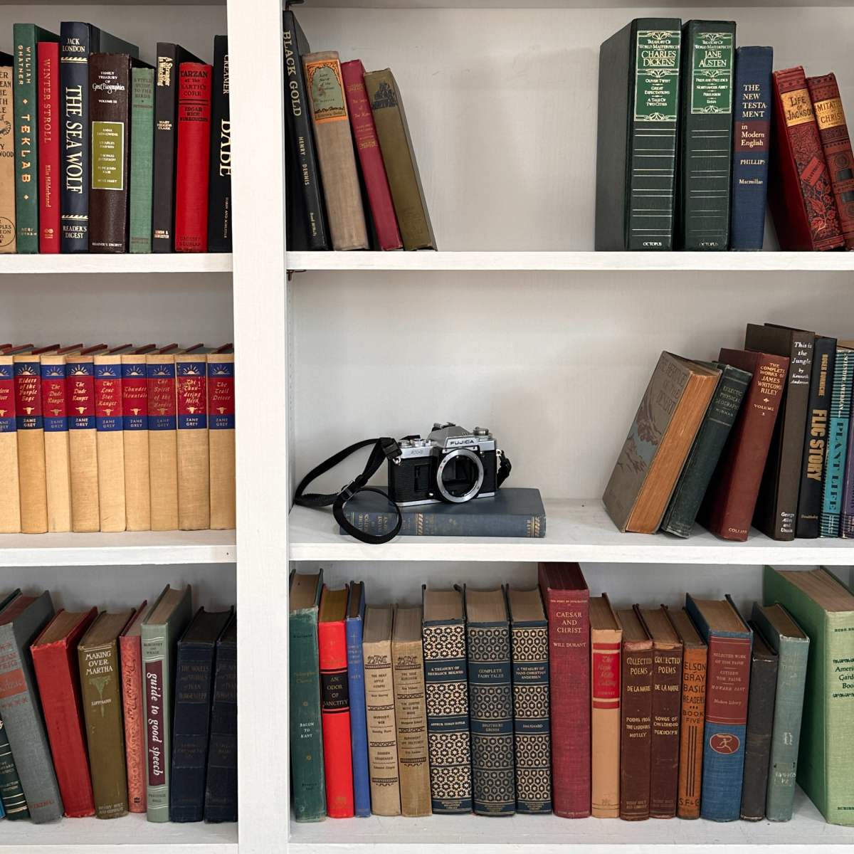 A wooden bookshelf holds an assortment of vintage and modern books, with a camera and sunglasses placed on one of the shelves.