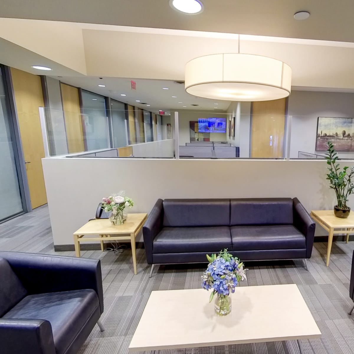 A modern office reception area with two dark leather sofas, wooden side tables, a small vase of flowers, and decorative plants.