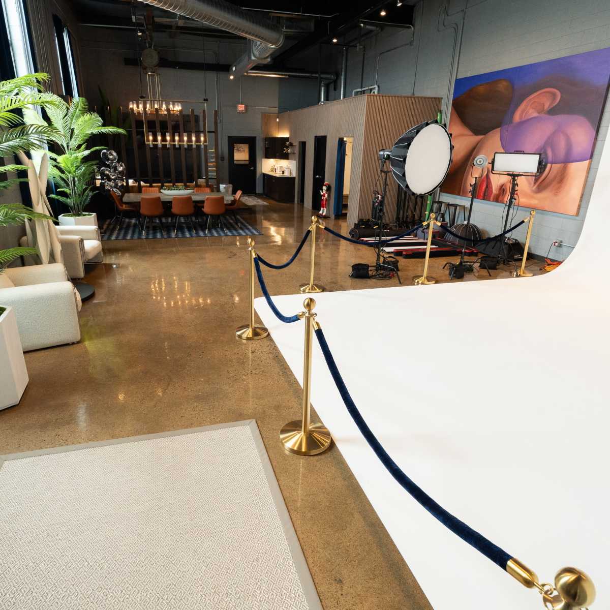 A spacious studio with a white backdrop, decorative plants, modern furniture, and a well-lit area for photography.