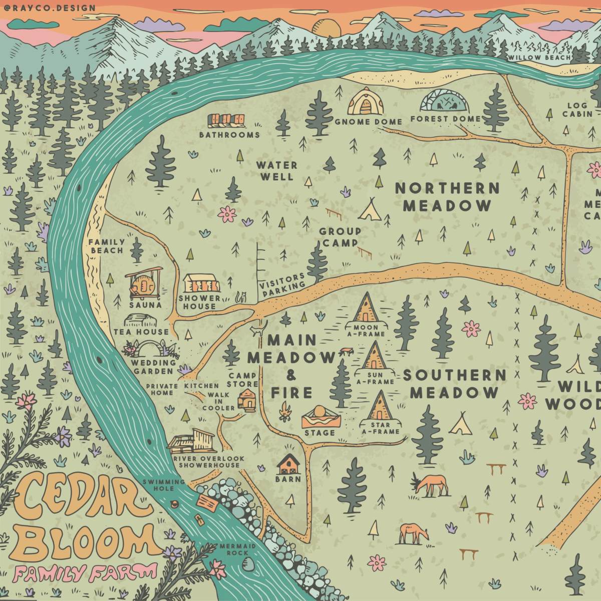A colorful map of Cedar Bloom Family Farm, showing various areas such as meadows, camping sites, and facilities like bathrooms and a water well, bordered by a river and mountains.