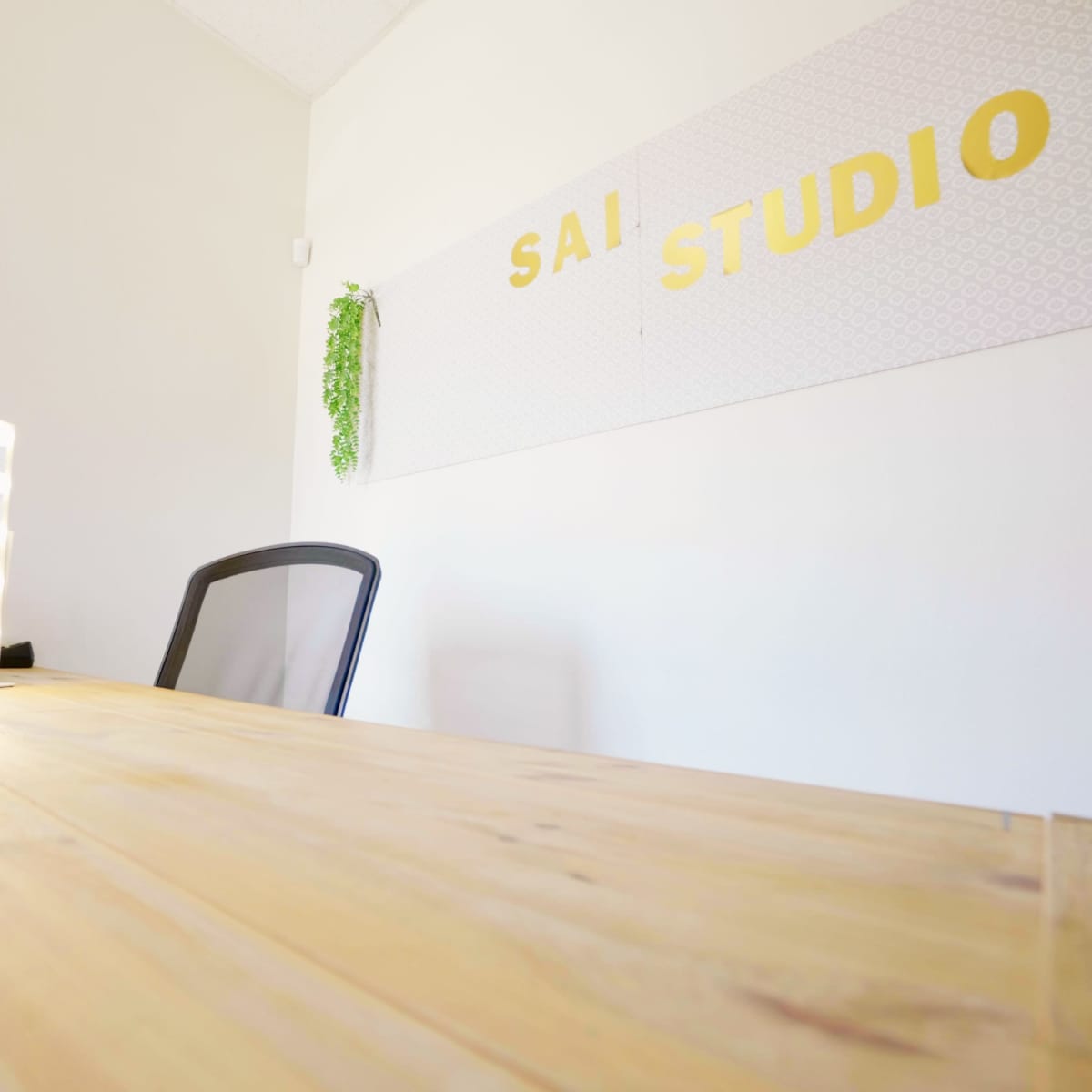 A well-lit studio space featuring a wooden table, a mirror with lights, and decorative plants.