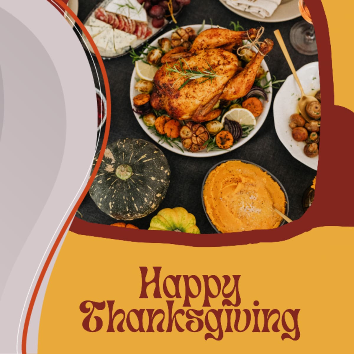 A Thanksgiving dinner spread, including a roasted turkey, various side dishes, and decorative pumpkins, alongside promotional text for a family feast event.