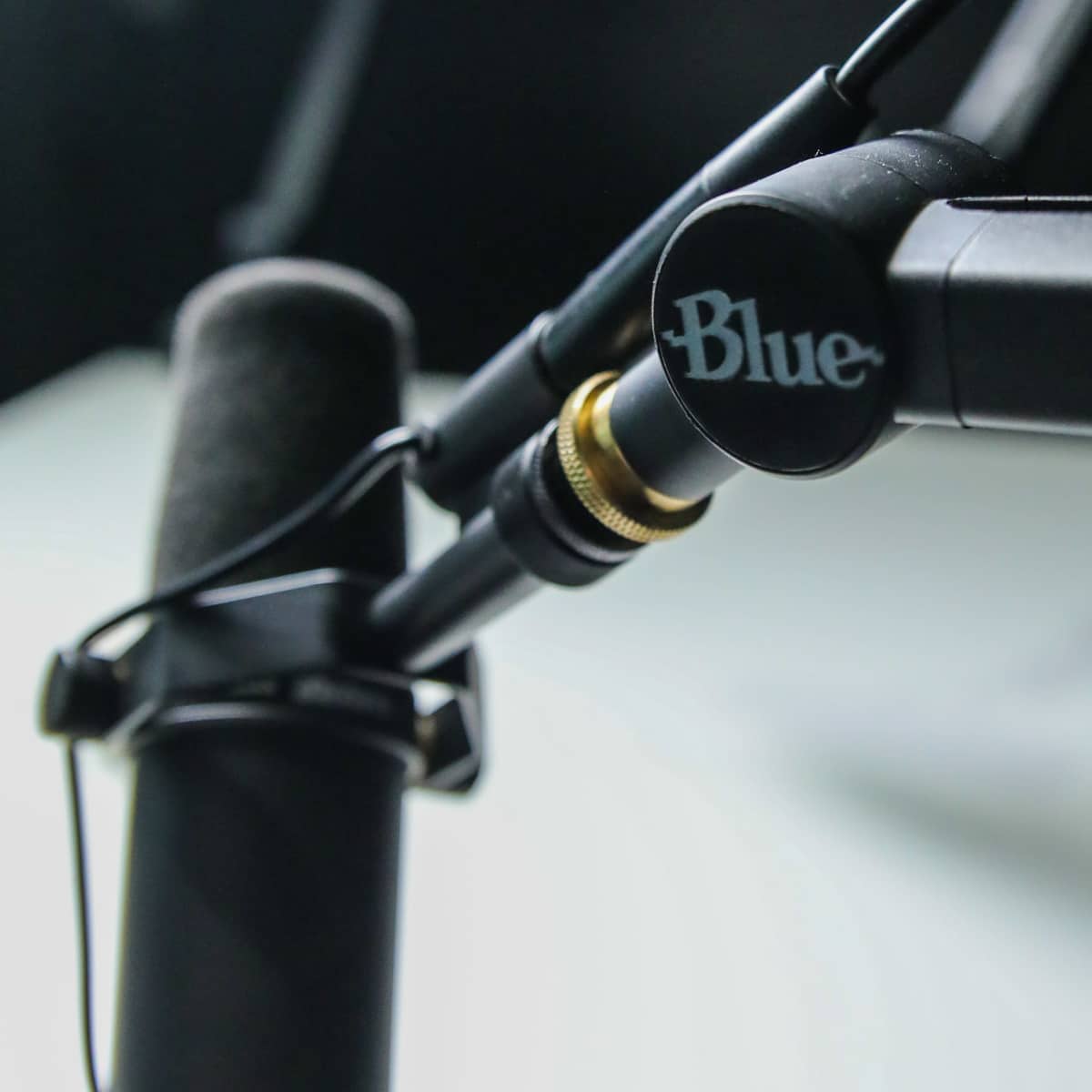 A close-up of a microphone with a brand logo on its mount.
