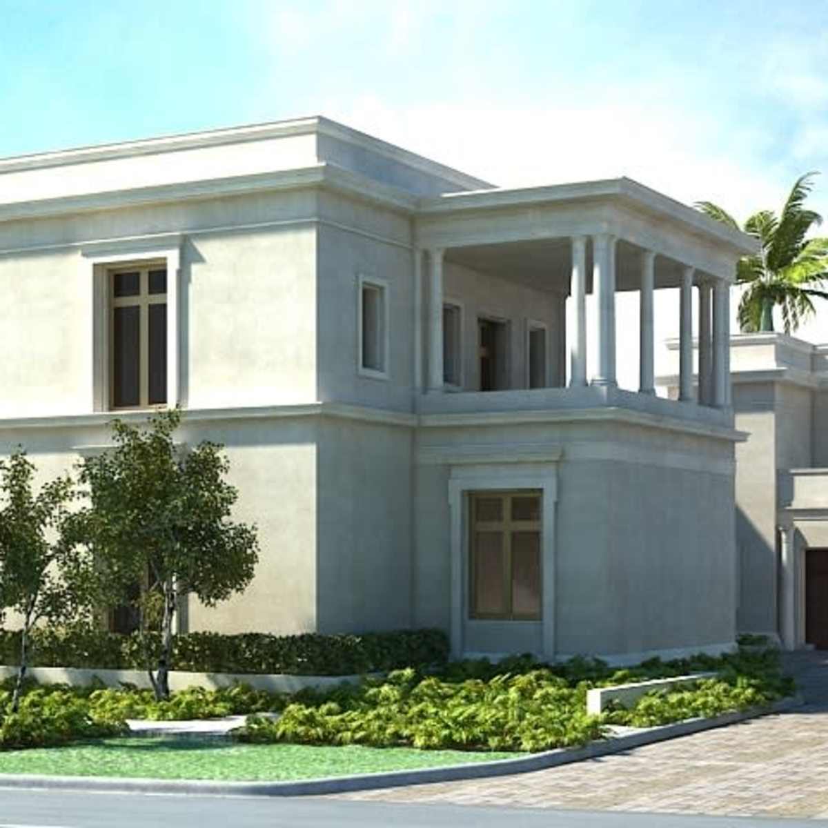 A large, modern two-story house with a symmetrical facade, surrounded by landscaped gardens and palm trees.