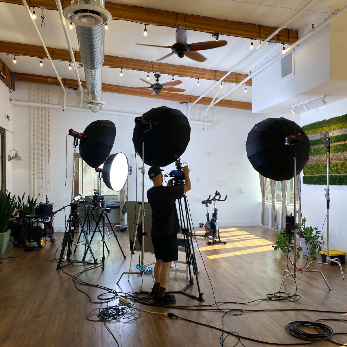 A person stands among several large photography lights and equipment in a spacious, well-lit studio with wooden beams and potted plants.