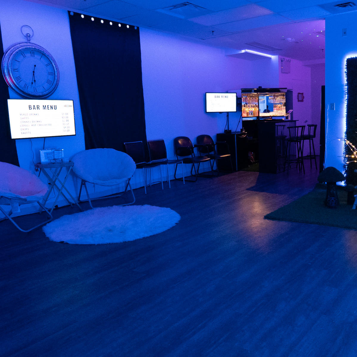 The room features a bar area, seating along the walls, and decorative lights against a backdrop of artificial grass and fairy lights.