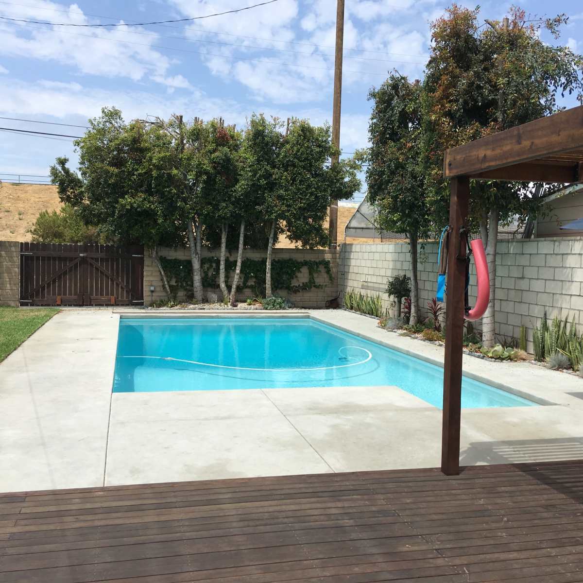 A backyard with a swimming pool surrounded by concrete and grass, with trees and a wooden pergola nearby.