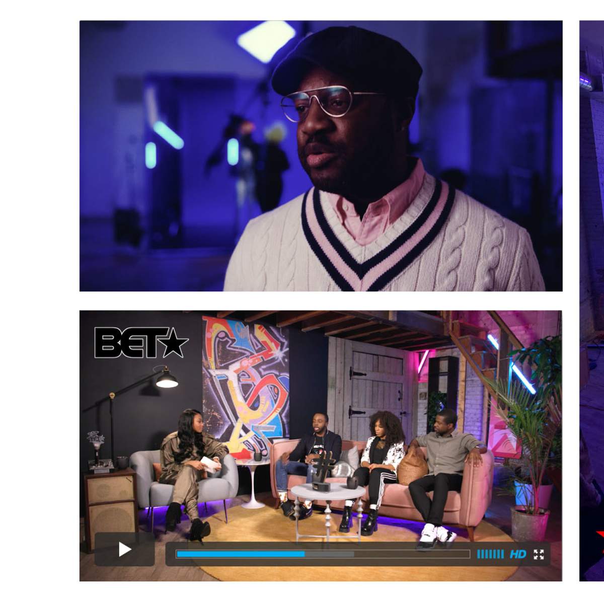 A montage of three scenes: a man speaking in a dimly lit studio, a group of people seated and discussing in a vibrant room, and a behind-the-scenes view of a video production setup with lighting and cameras.