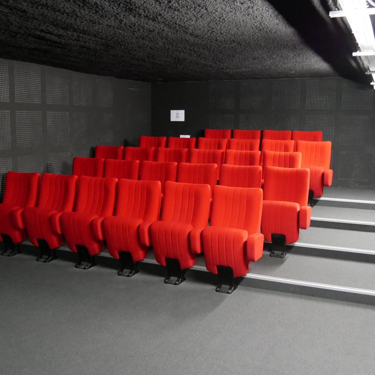 A small theater room with rows of red chairs arranged on a black carpeted floor.
