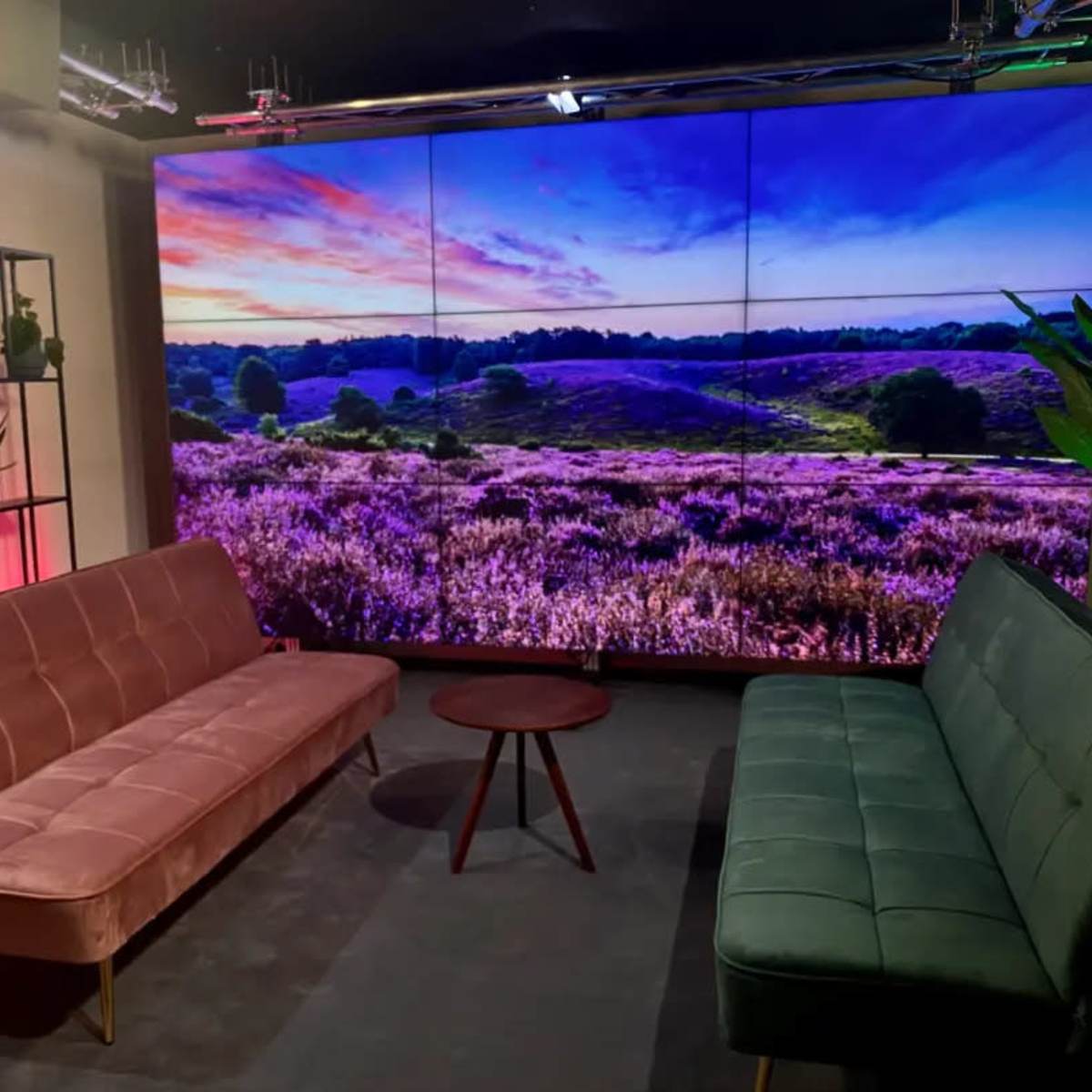 A television studio set features two couches facing a large screen displaying a scenic landscape with purple flowers and a sunset.