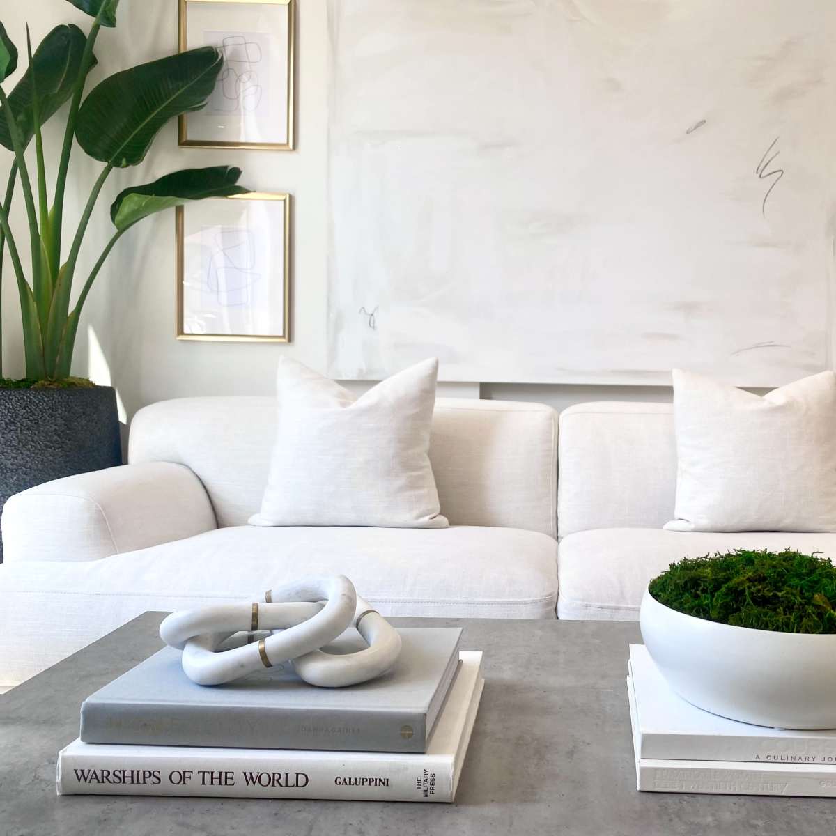 A modern living room with a white sofa, a coffee table displaying books and a decorative bowl of moss, and framed abstract art on the wall.