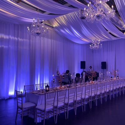 Fully Draped Midtown Lounge & Dinner Party Room with Chandeliers and ...
