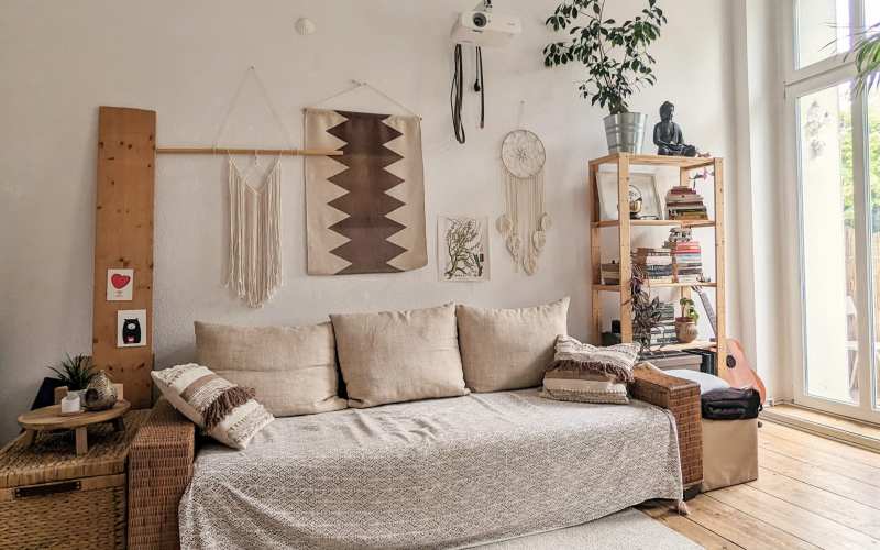 Bright boho one bedroom apartment with high ceilings and wooden floors ...