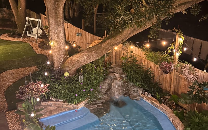 Private tropical outdoor oasis with waterfall splash pool, Beaufort, SC