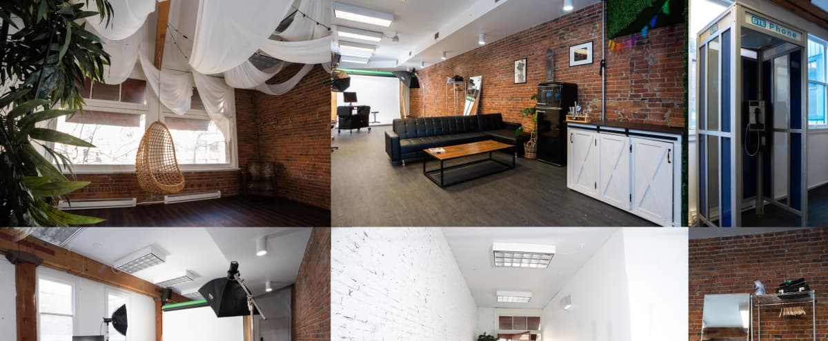 Huge Studio with Brick, White Brick, Natural light, 360 Windows, PHONE BOOTH, Bar, Mobile Backdop, Nest Chair, Draped Ceilings, Private Bathroom & SO MUCH MORE  (Free Lighting & Backdrops included) in seattle Hero Image in Downtown Seattle, seattle, WA