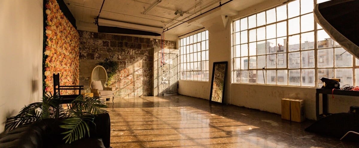 Sunrise studio with Flower wall and Large framed Windows. Exposed block wall & lots of natural light - Studio 6 in Long Island City Hero Image in Long Island City, Long Island City, NY