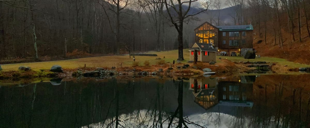 Catskills Mini Compound Art Filled Barn W 3 Story Window Facade 2 Stunning And Eclectic Guest Houses Pond River Mountains