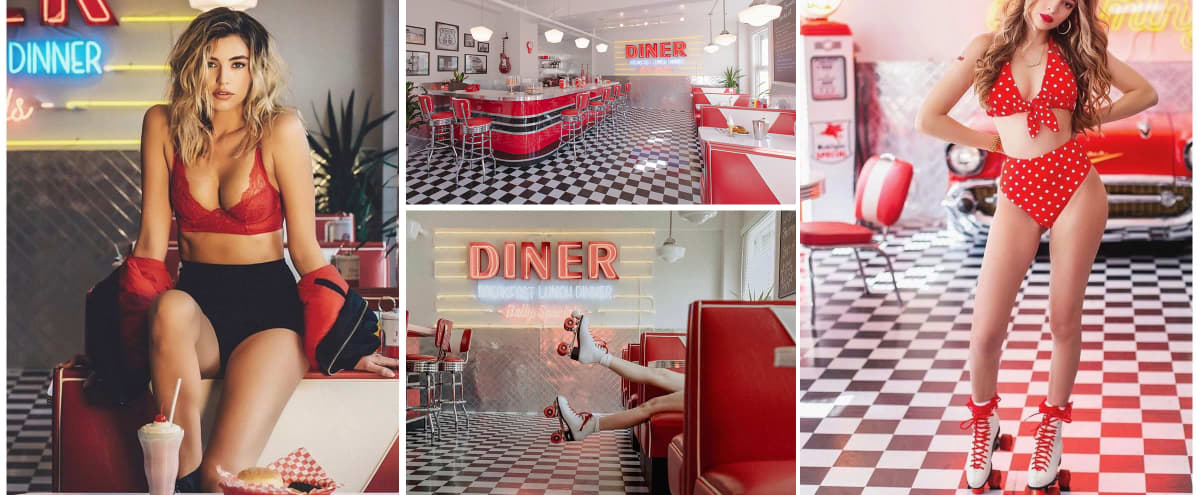 Spacious Downtown Sun Drenched 50s Retro Neon Diner Restaurant Cafe Studio with New York Style City View DTLA in Los Angeles Hero Image in Central LA, Los Angeles, CA