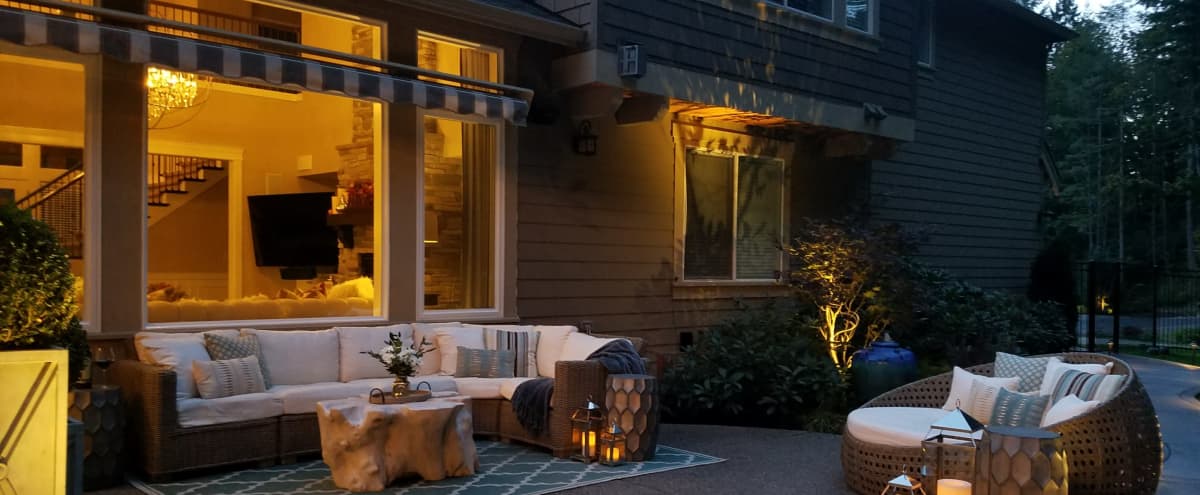 Rustic and Elegant Large Outdoor Space Surrounded by Landscape and Evergreens in Issaquah Hero Image in undefined, Issaquah, WA