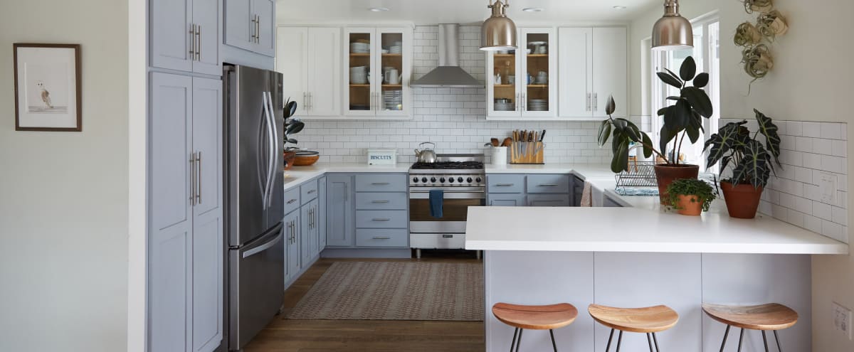 Artist S Home Light Bright Blue Grey Kitchen Wood Floors Huge