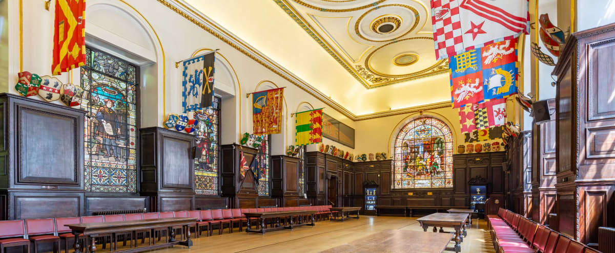Oak-Floored Banqueting Hall With Huge Stained Glass Window in London Hero Image in City of London, London, 