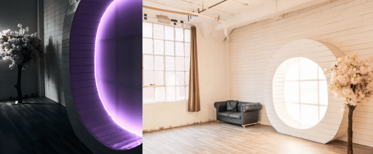 Beautiful Photo Studio with Large Round Wood Window, Laminated floor and gold wallpaper  - Studio 5 in Long Island City Hero Image in Long Island City, Long Island City, NY
