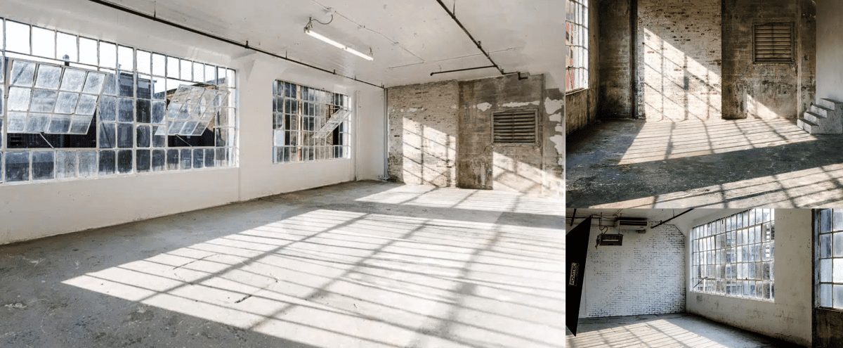 Concrete Daylight Photo Studio with exposed concrete, large windows and white brick wall - Studio 3 in Long Island City Hero Image in Long Island City, Long Island City, NY