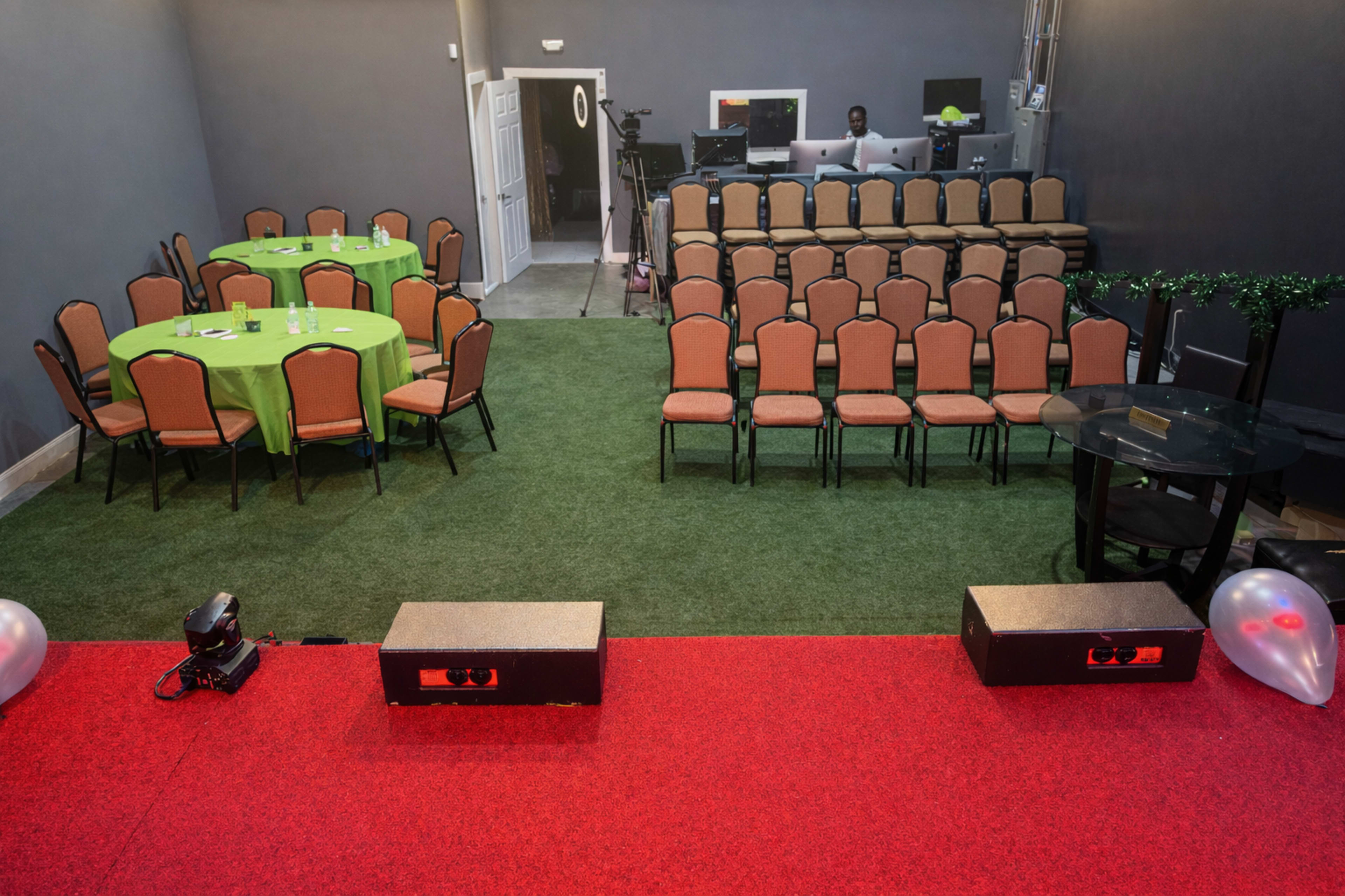 ADMFA Audio venue configured for audience seating and round tables