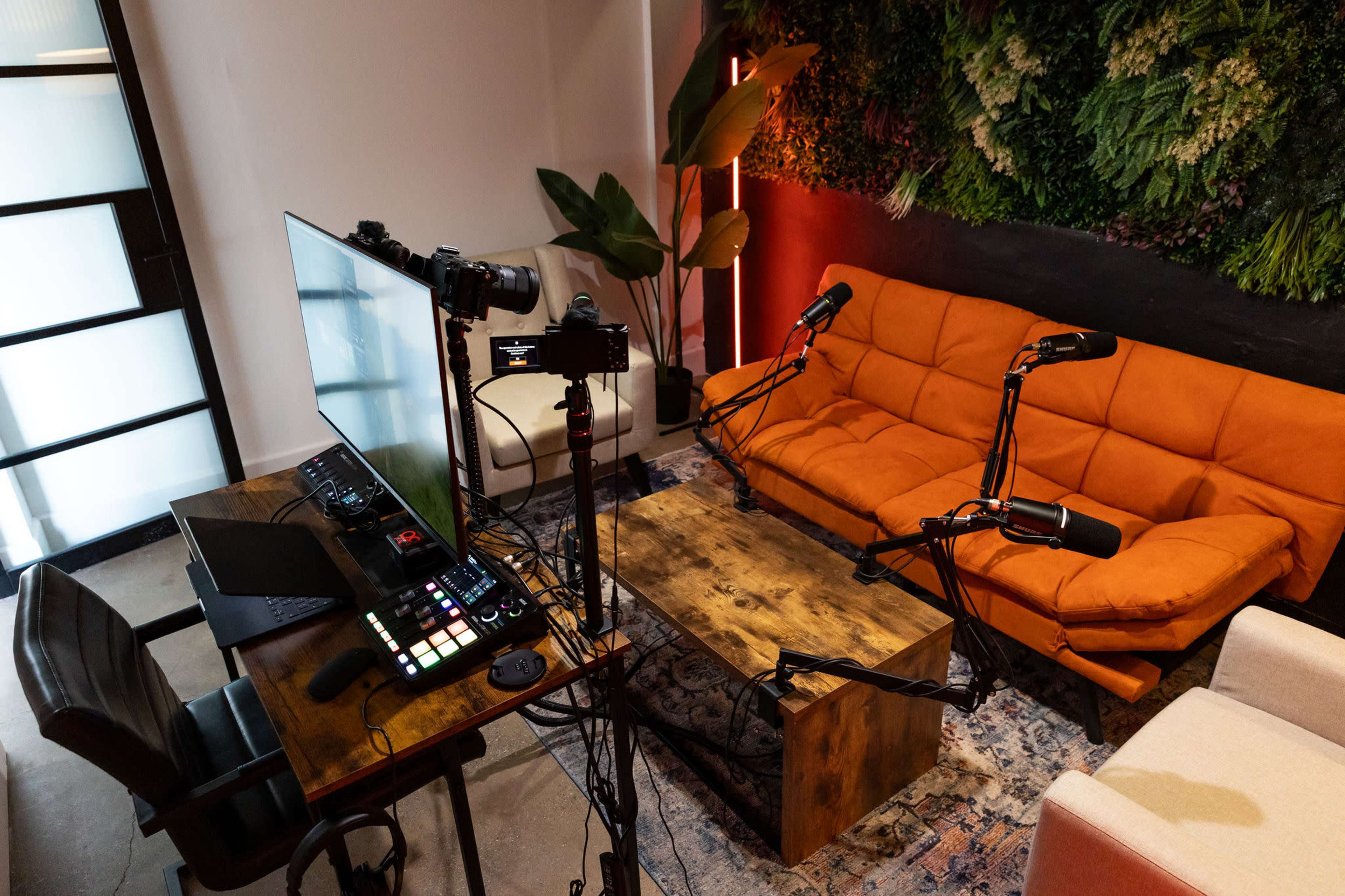 Short Form Studios Watford set with sofas, microphones and cameras