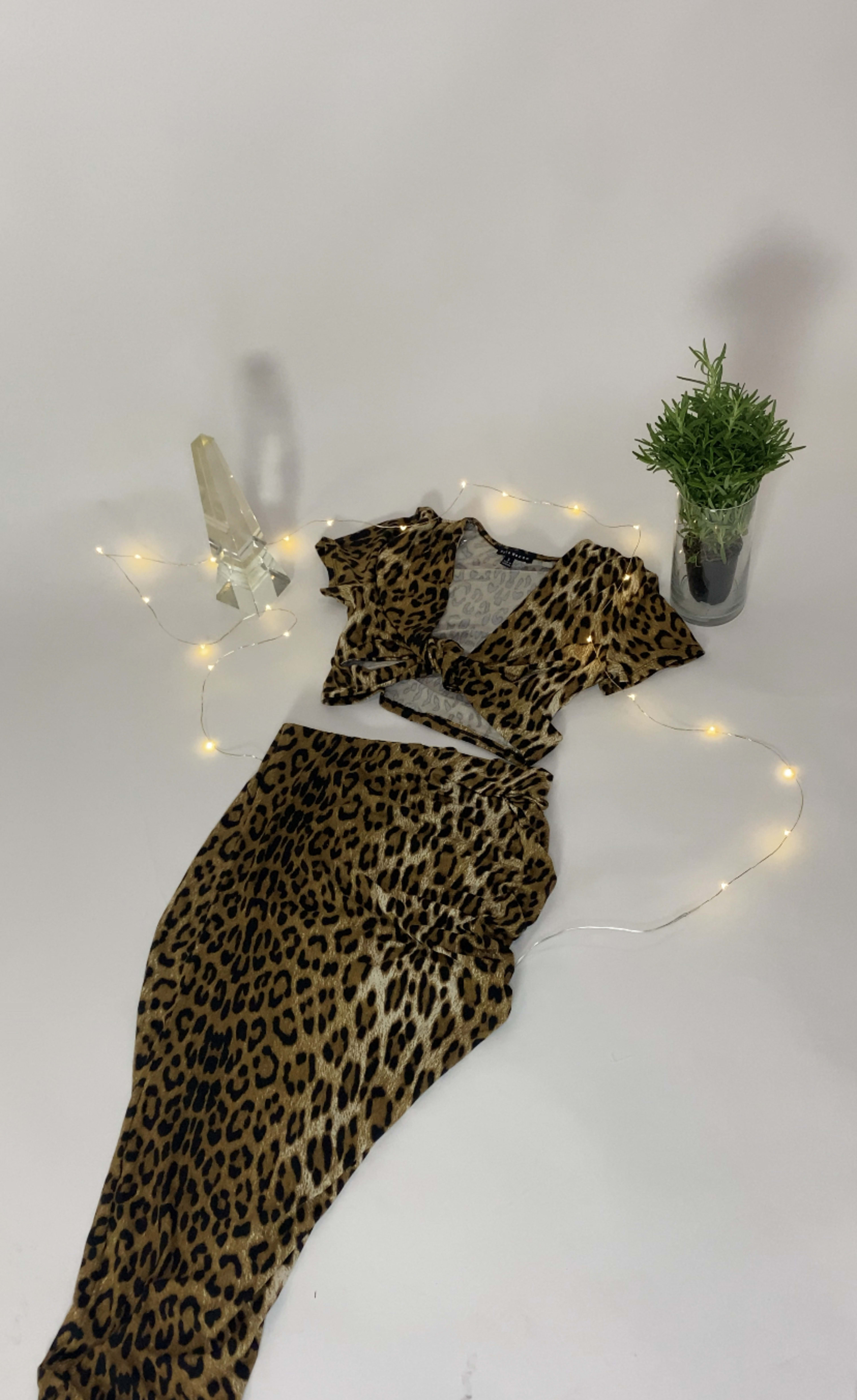 A leopard dress lying next to a potted plant on a brown floor for a product photoshoot.