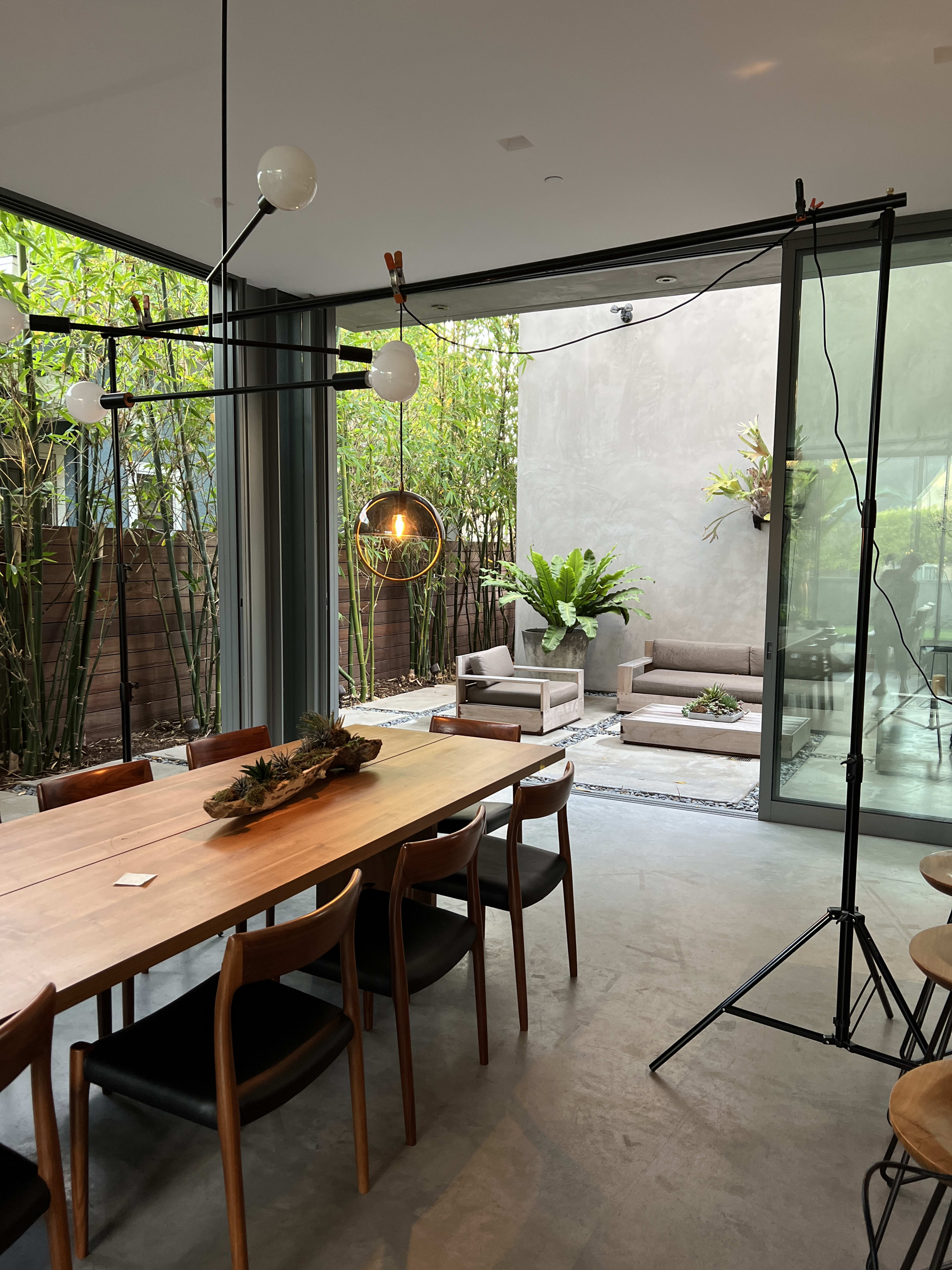 A modern rustic room filled with chairs.