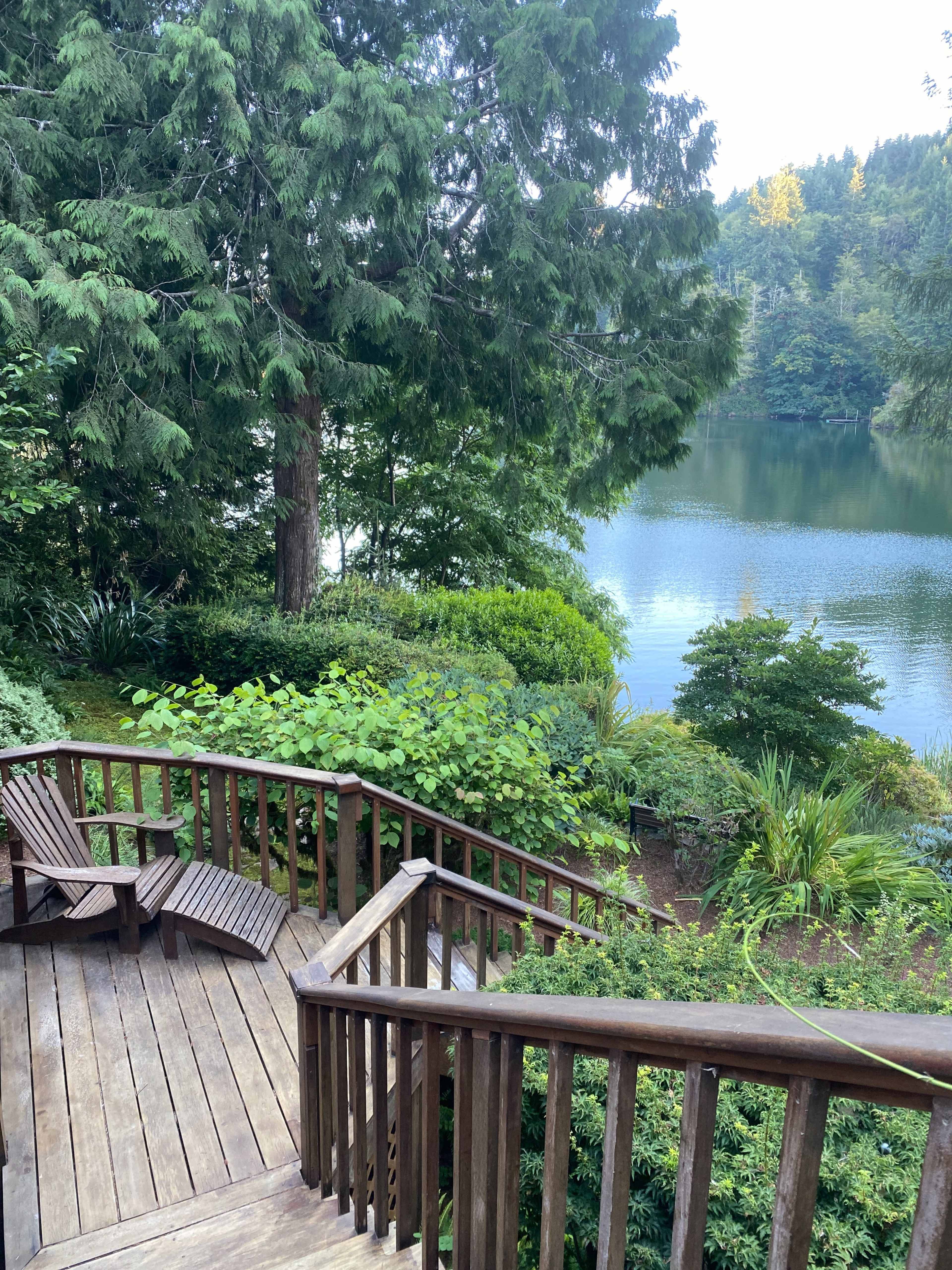 A wooden deck descends toward a calm lake surrounded by lush greenery and trees.