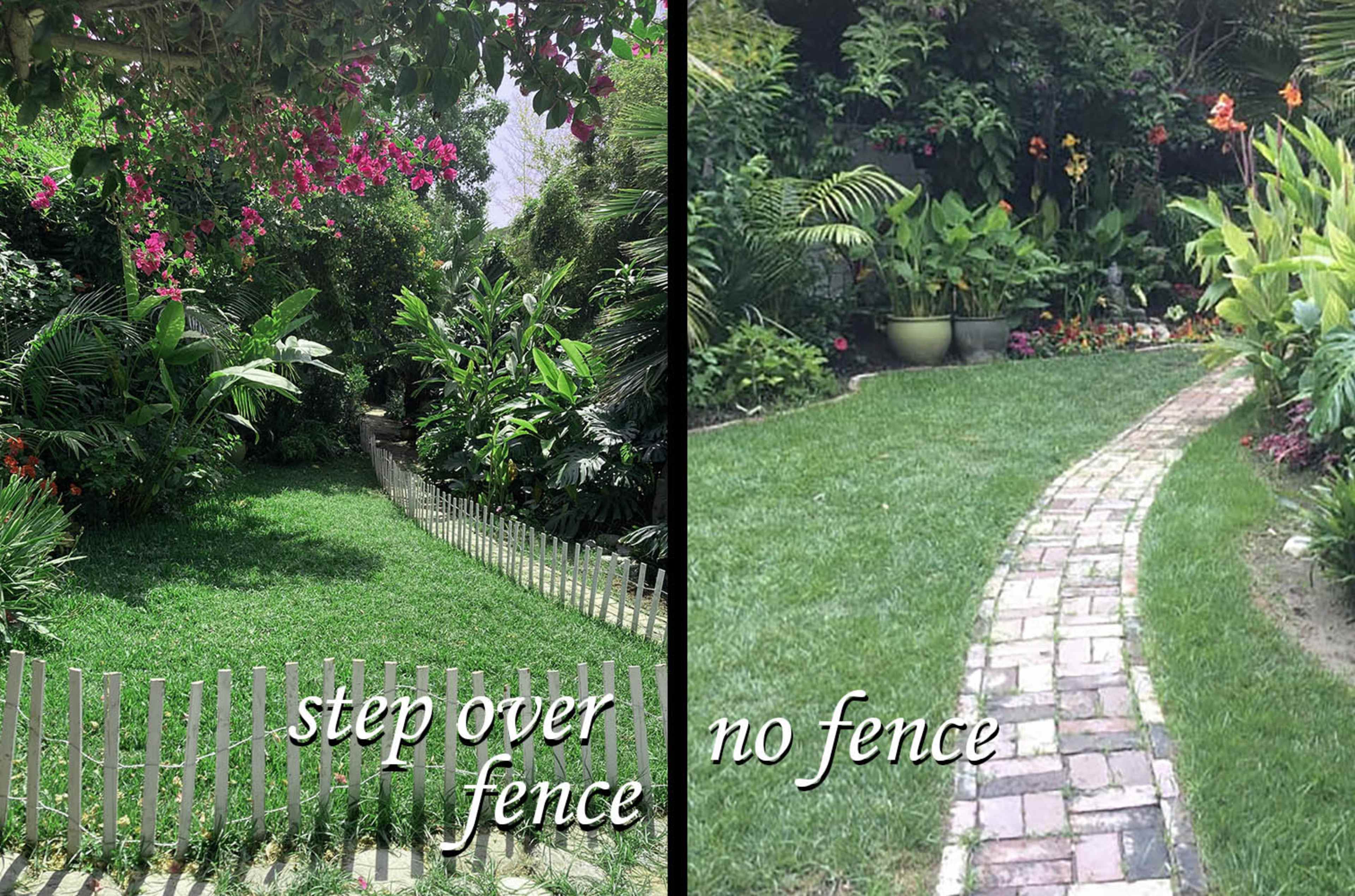 Two garden scenes: one features a path leading through lush greenery with a low fence, while the other displays a similar path bordered by vibrant plants without a fence.