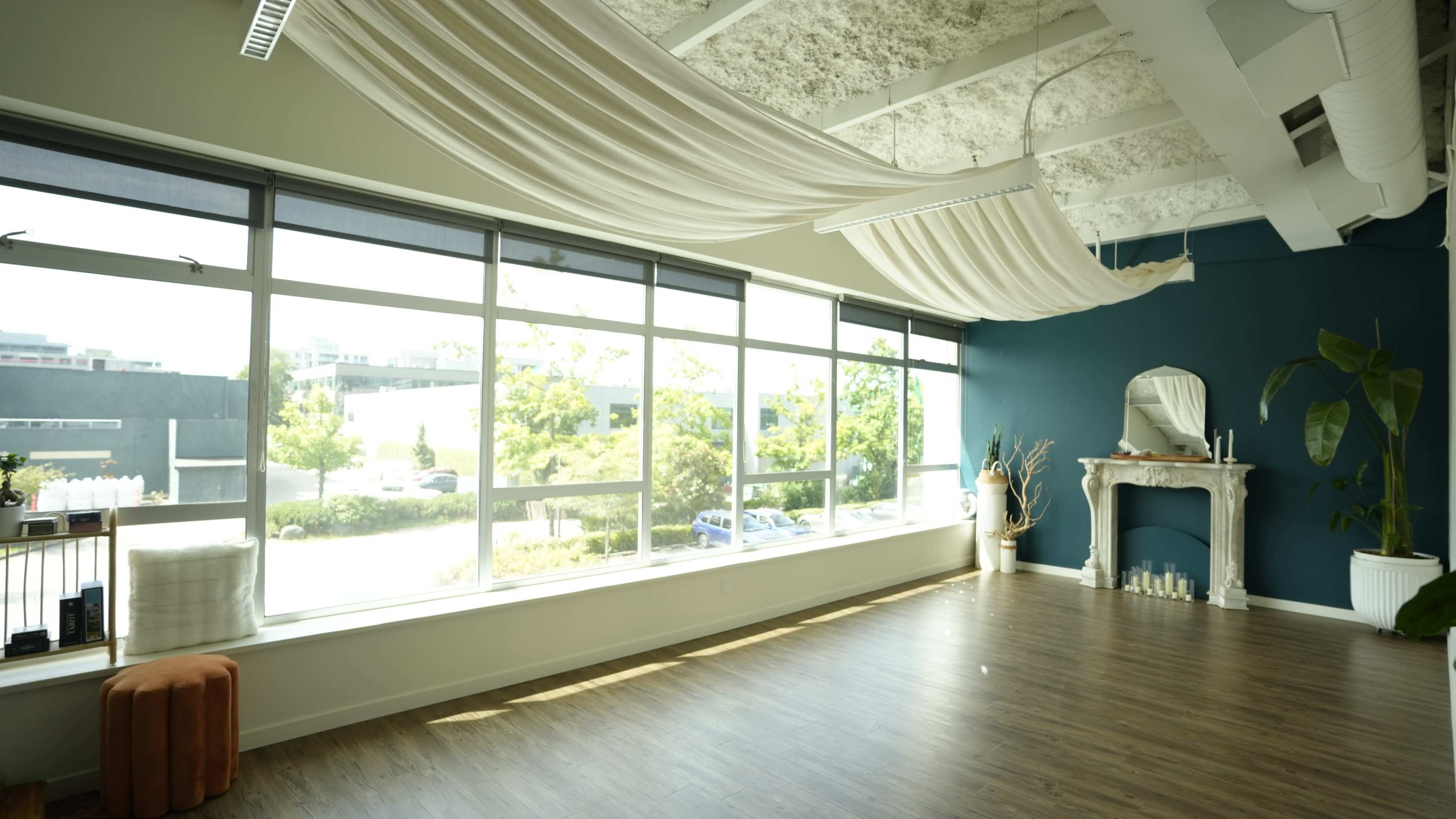 The image shows a spacious room with large windows letting in natural light, featuring draped fabric on the ceiling, a decorative fireplace, and potted plants.
