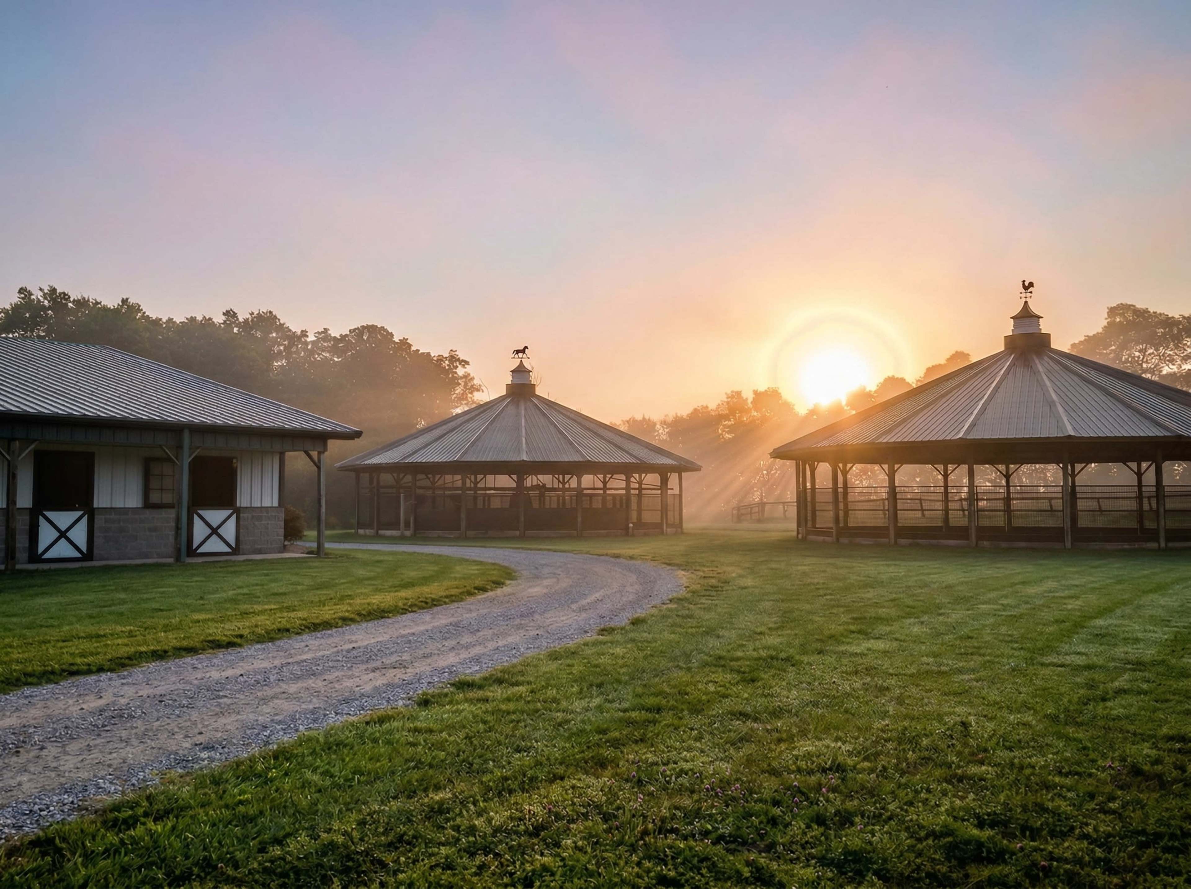 The image shows a serene landscape at dawn with two round pavilions and a gravel pathway winding through a green field, under a foggy sky where the sun is rising.