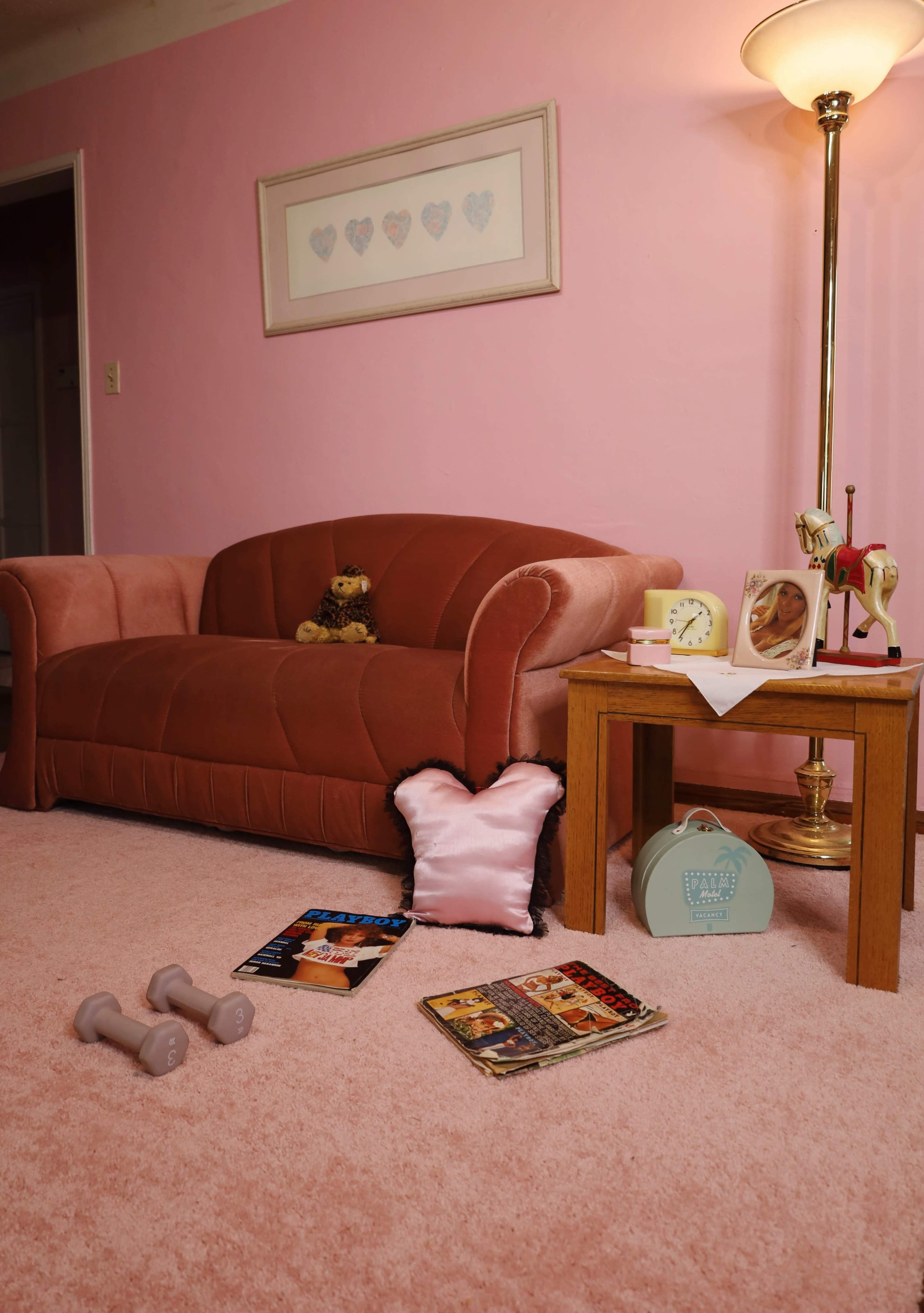 The image shows a pink living room with a plush couch, a small wooden table, decorative items, and fitness weights on a carpeted floor.
