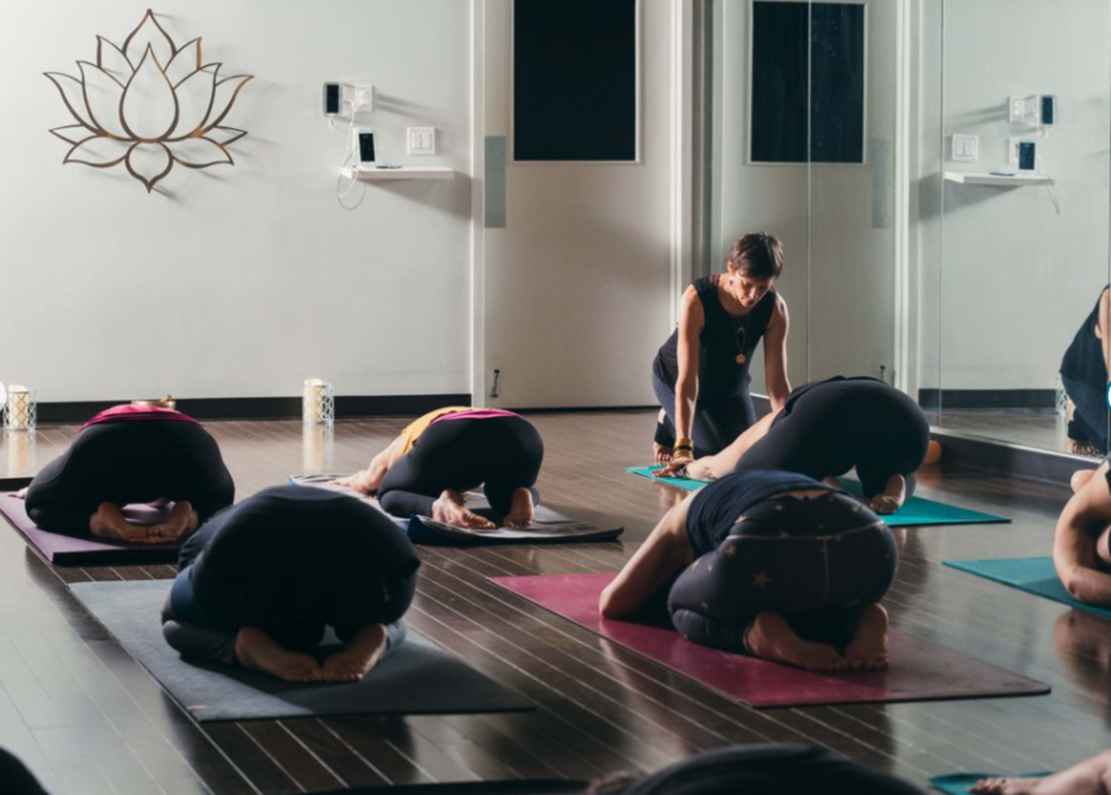 A group of individuals practices yoga in a studio, with one instructor assisting a participant while others are in a forward bend position on their mats.