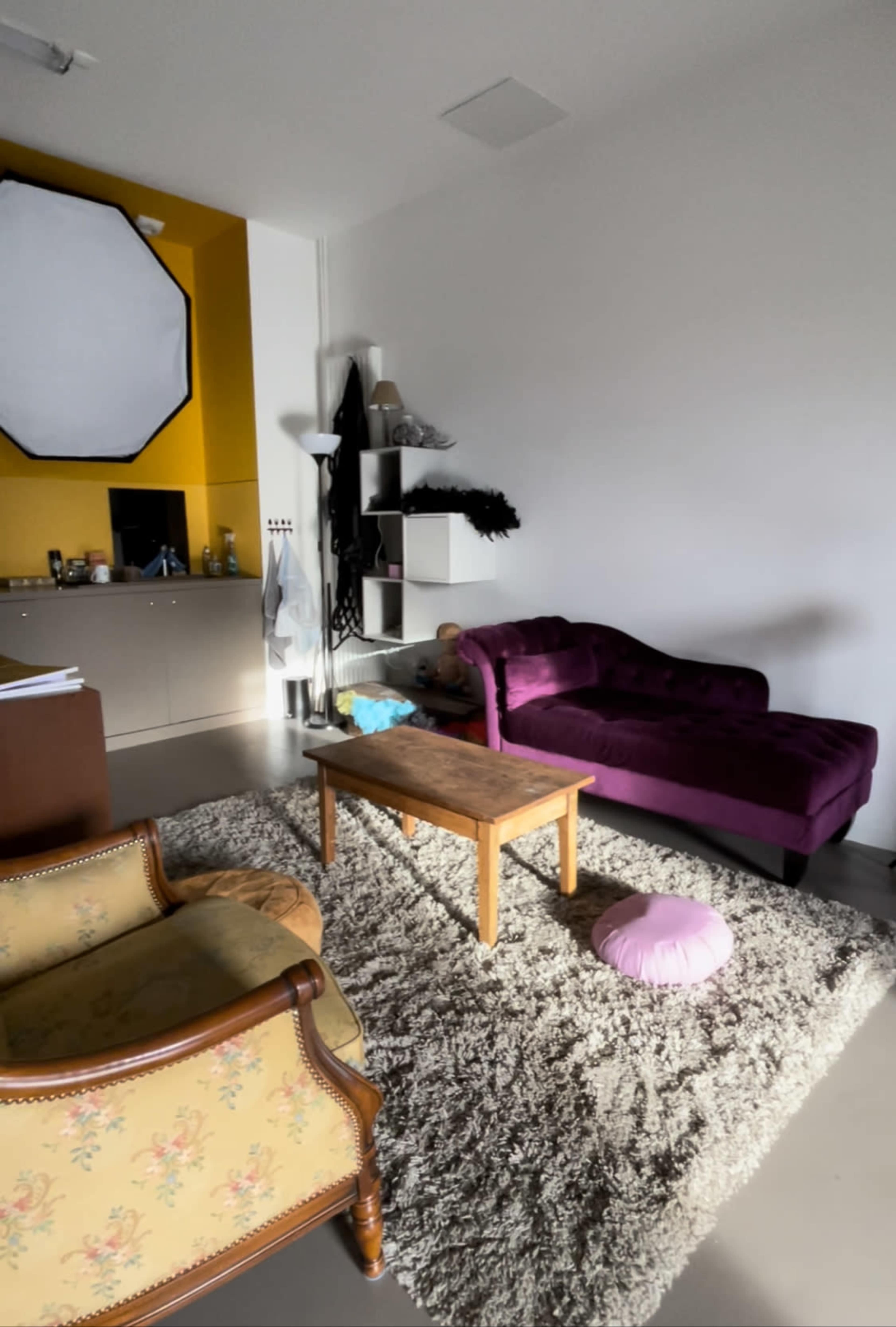A spacious room with a purple sofa, a wooden coffee table, and a light-colored rug, accompanied by various furniture and decor items against the walls.