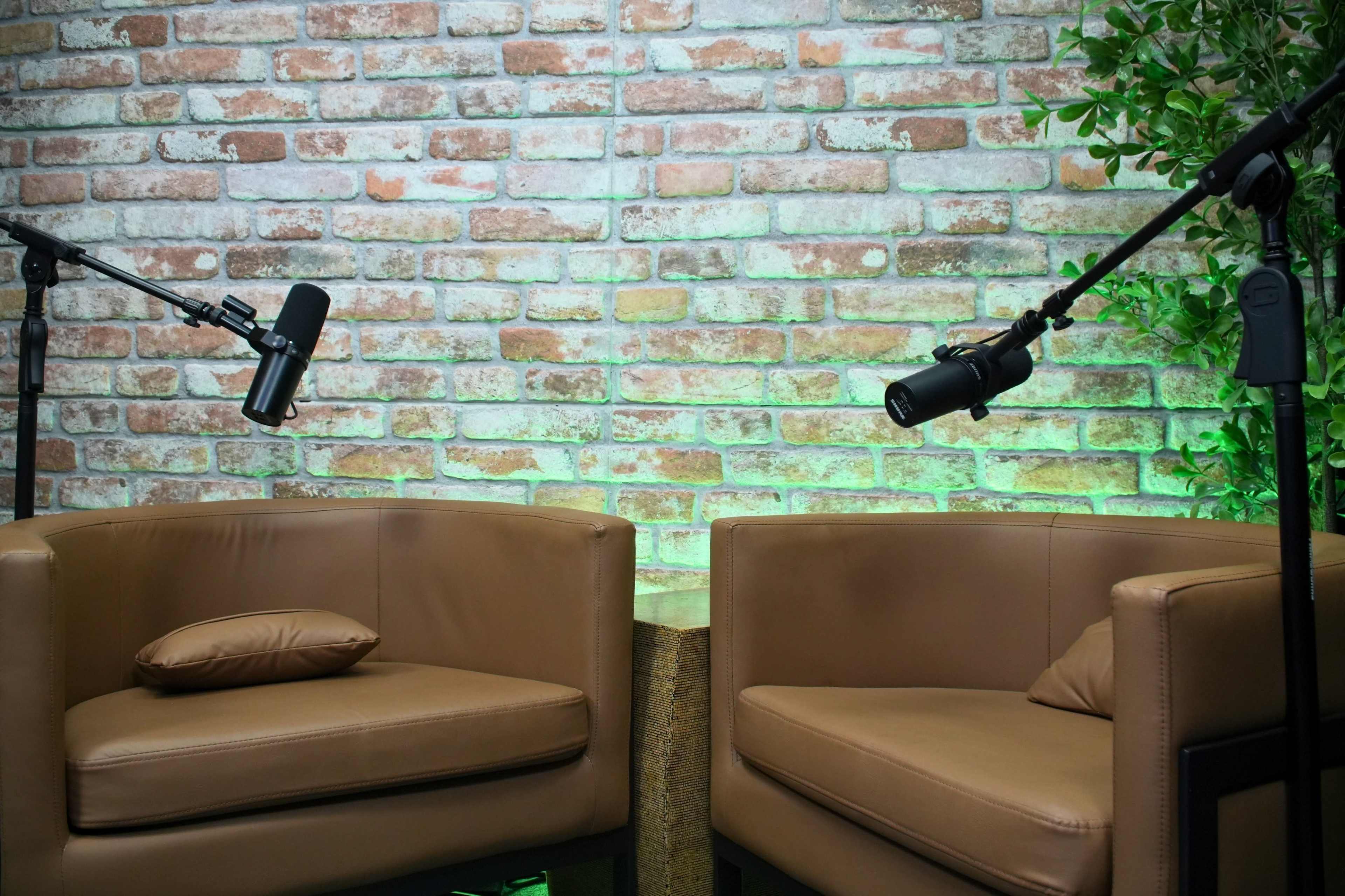 The image shows two brown chairs positioned in front of a brick wall, with microphones mounted on stands directed toward the chairs.