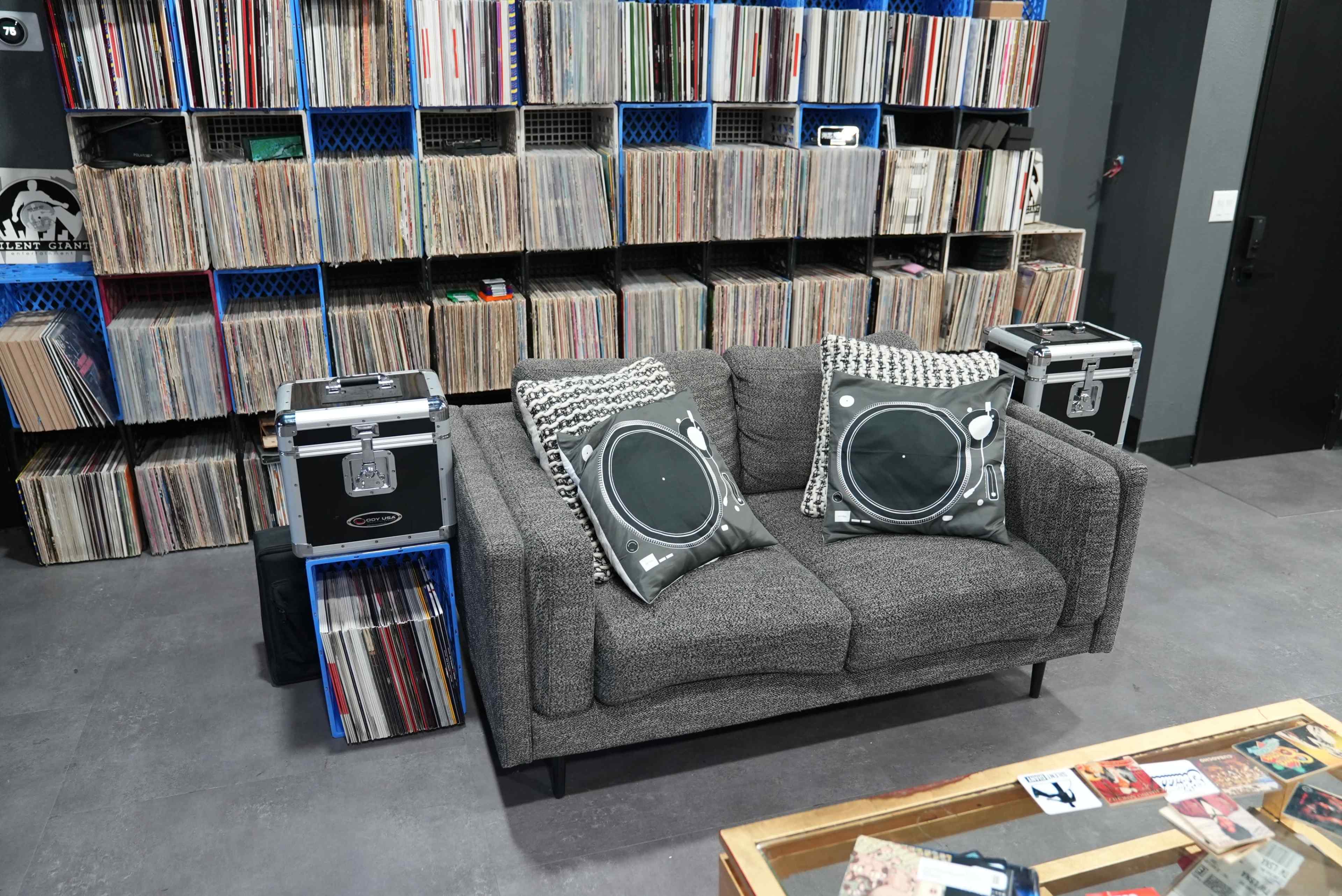 A gray sofa with turntable-themed cushions sits on a floor beside a wall of organized vinyl records and two black storage cases.