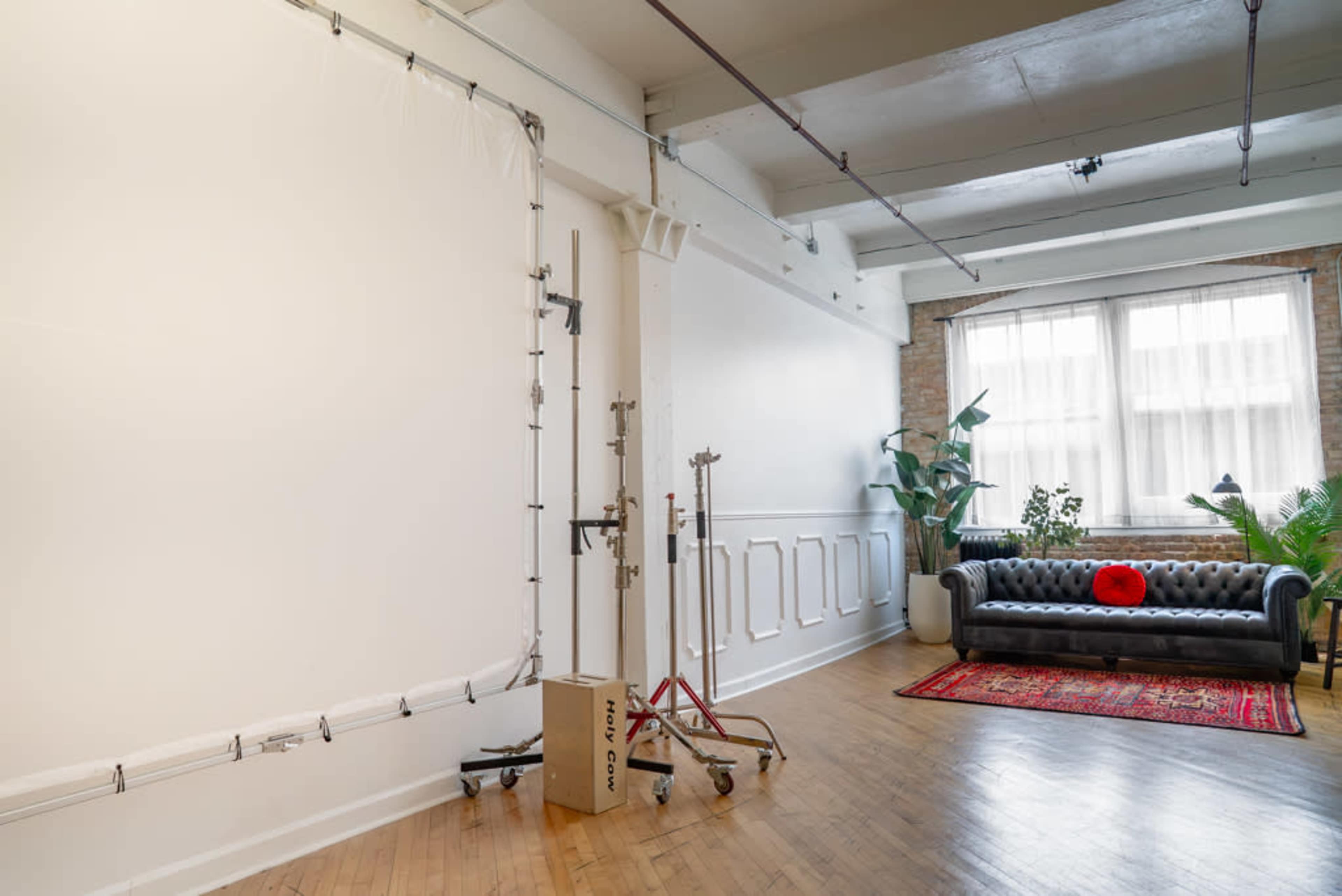 The image shows a spacious interior studio with a leather couch, large windows, and a potted plant, featuring a plain white wall and wooden flooring.