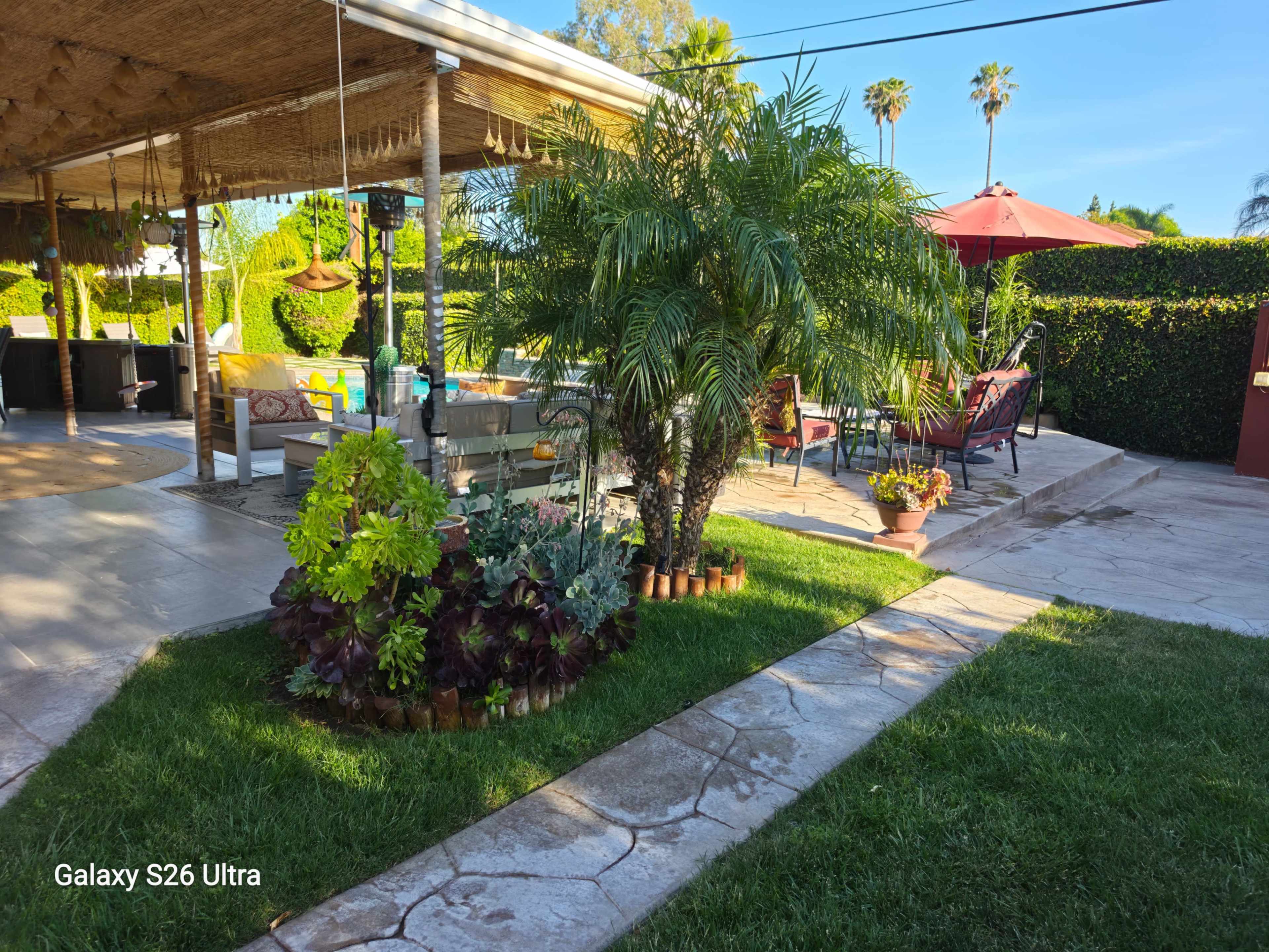 The image shows a landscaped backyard featuring a variety of plants, seating areas, and a patio covered by a thatched roof.