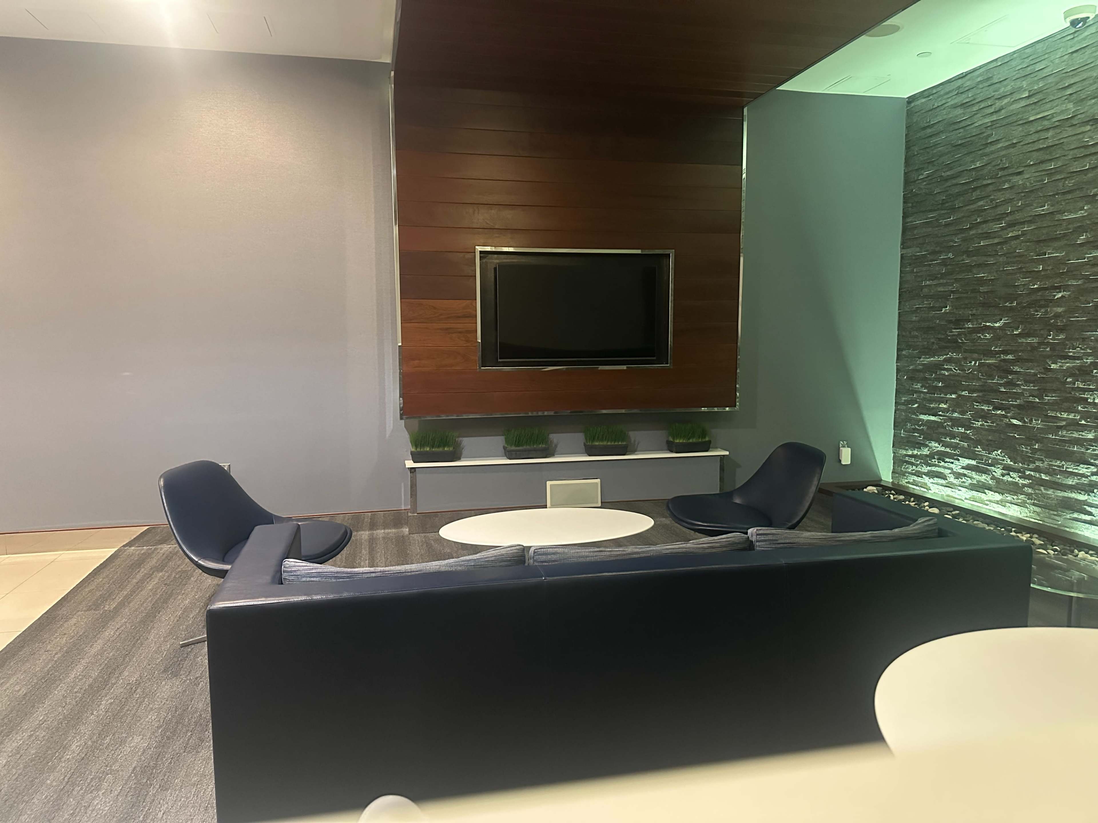 The image shows a modern lounge area featuring a dark sofa with curved chairs, a circular coffee table, and a flat-screen TV mounted on a wooden wall.