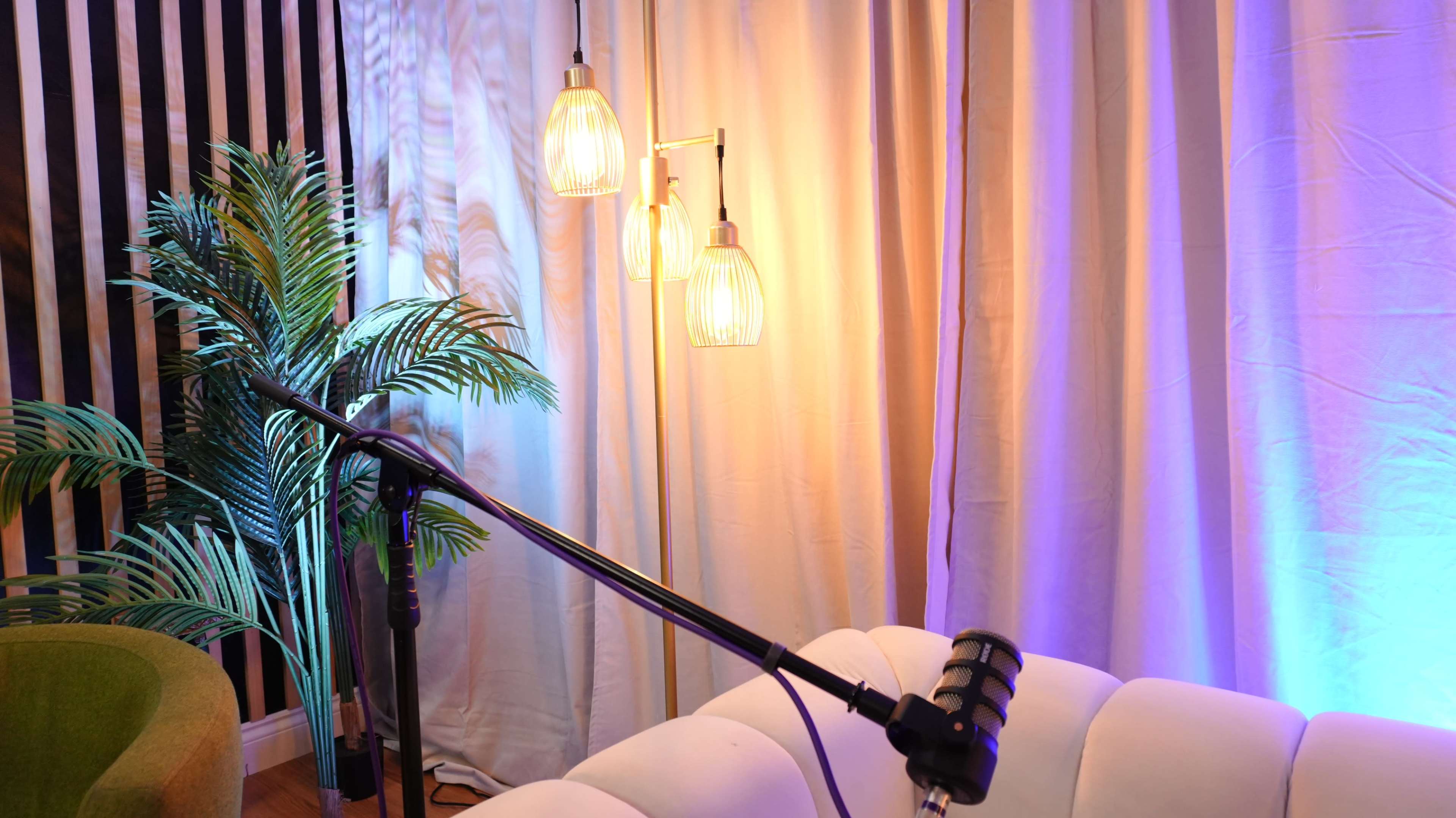 The image shows a well-lit interior with a microphone on a stand, a white couch, a leafy plant, and three pendant lights illuminating a curtain backdrop.