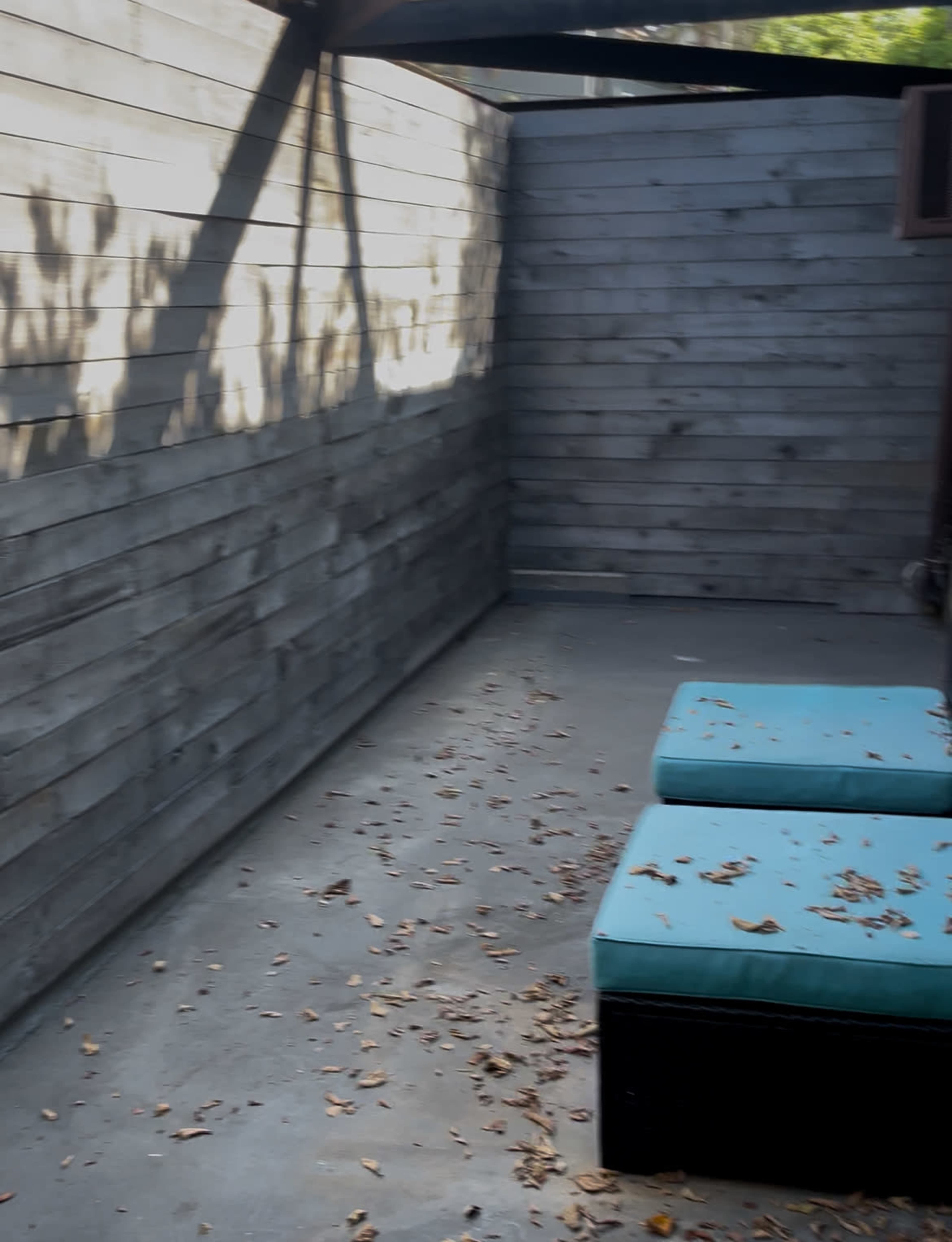 The image shows a secluded patio area with a wooden wall and two teal lounge chairs, surrounded by scattered leaves on the concrete floor.