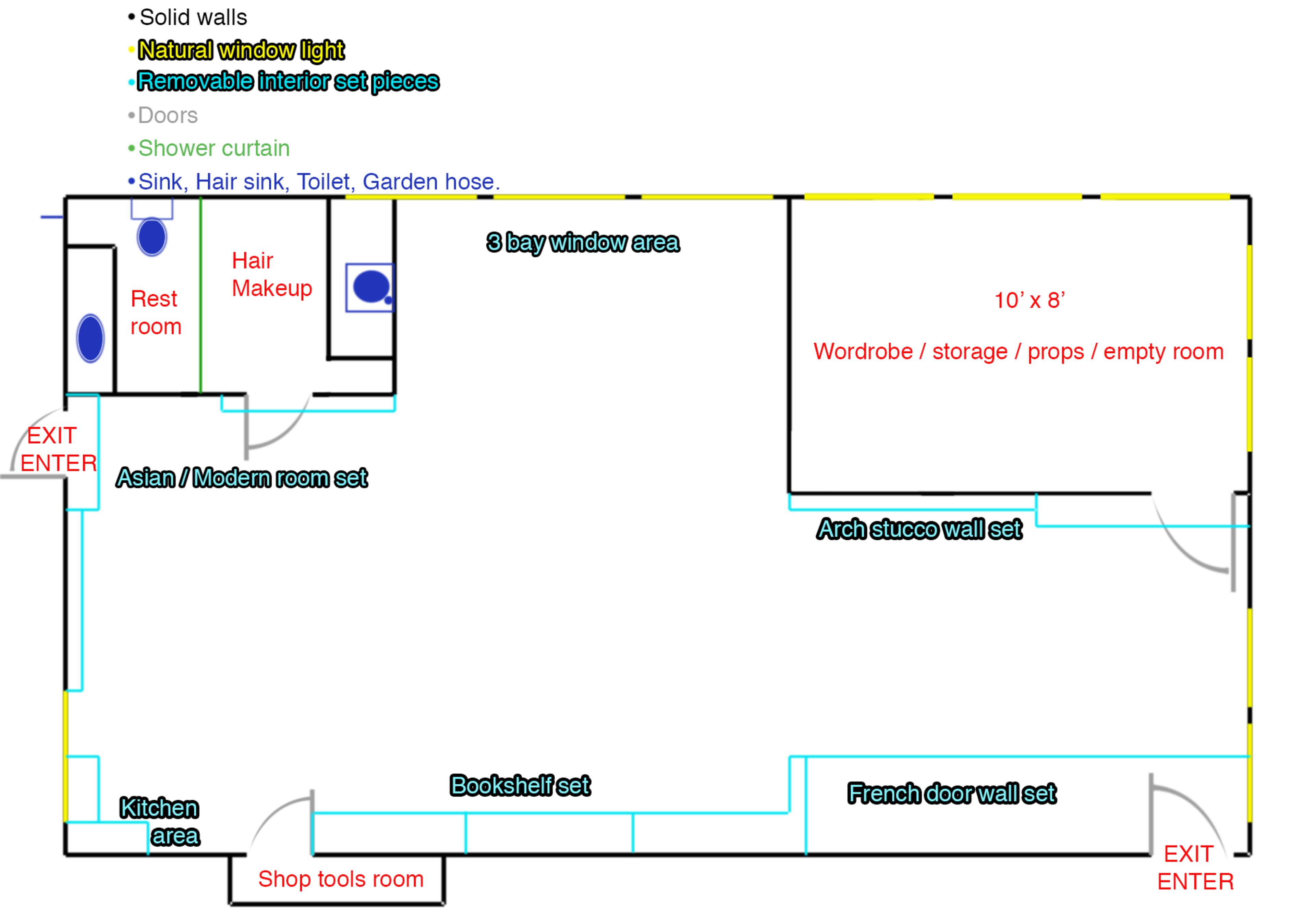 A layout plan of a space featuring labeled rooms such as a rest room, kitchen area, and studio spaces, including sections for hair and makeup, a bookshelf, and a storage room.