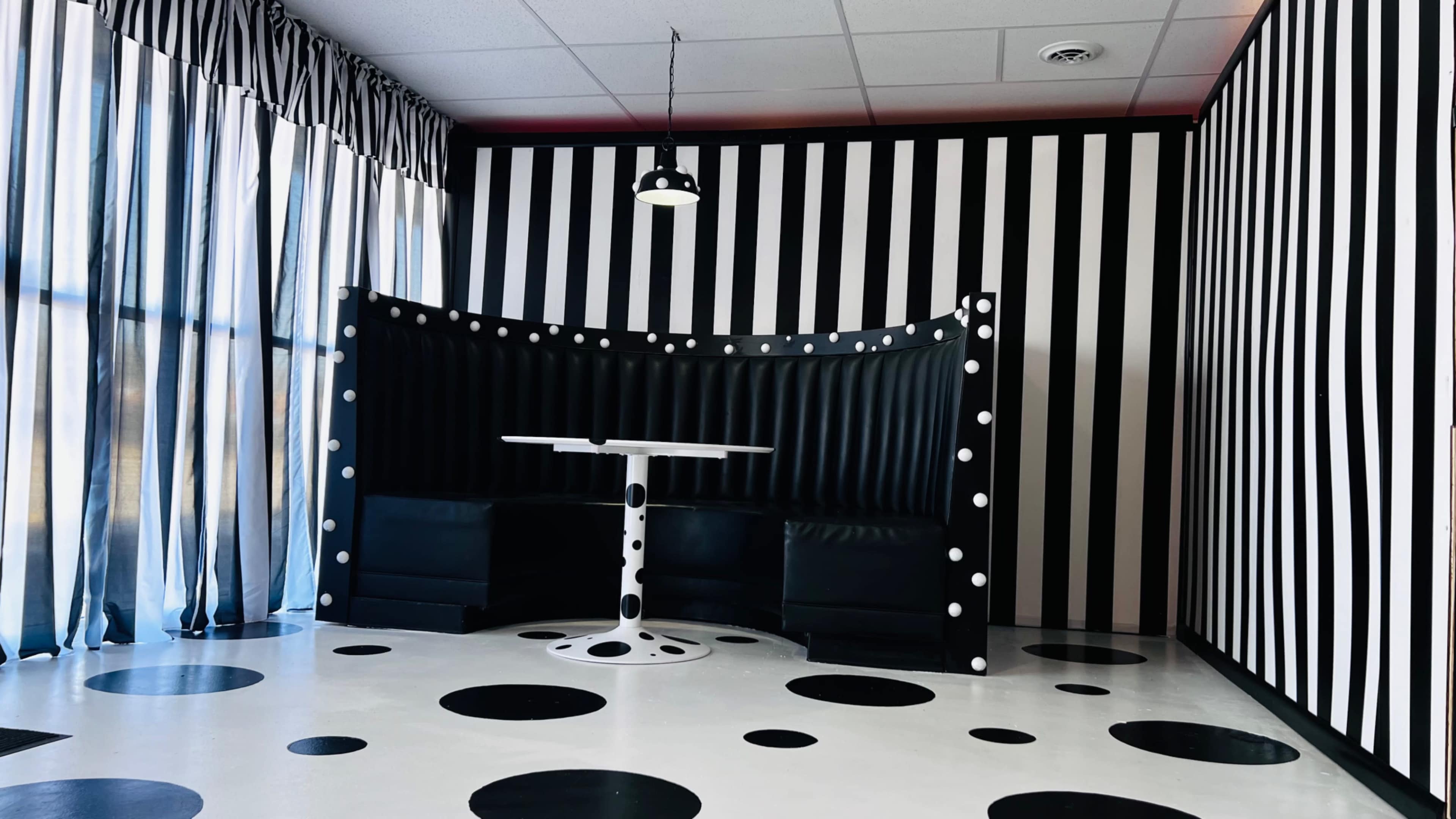 Vintage Black & White 80s Studio w/ Polka Dot & Stripe Booth Image in Highland Hills, Mesquite, TX